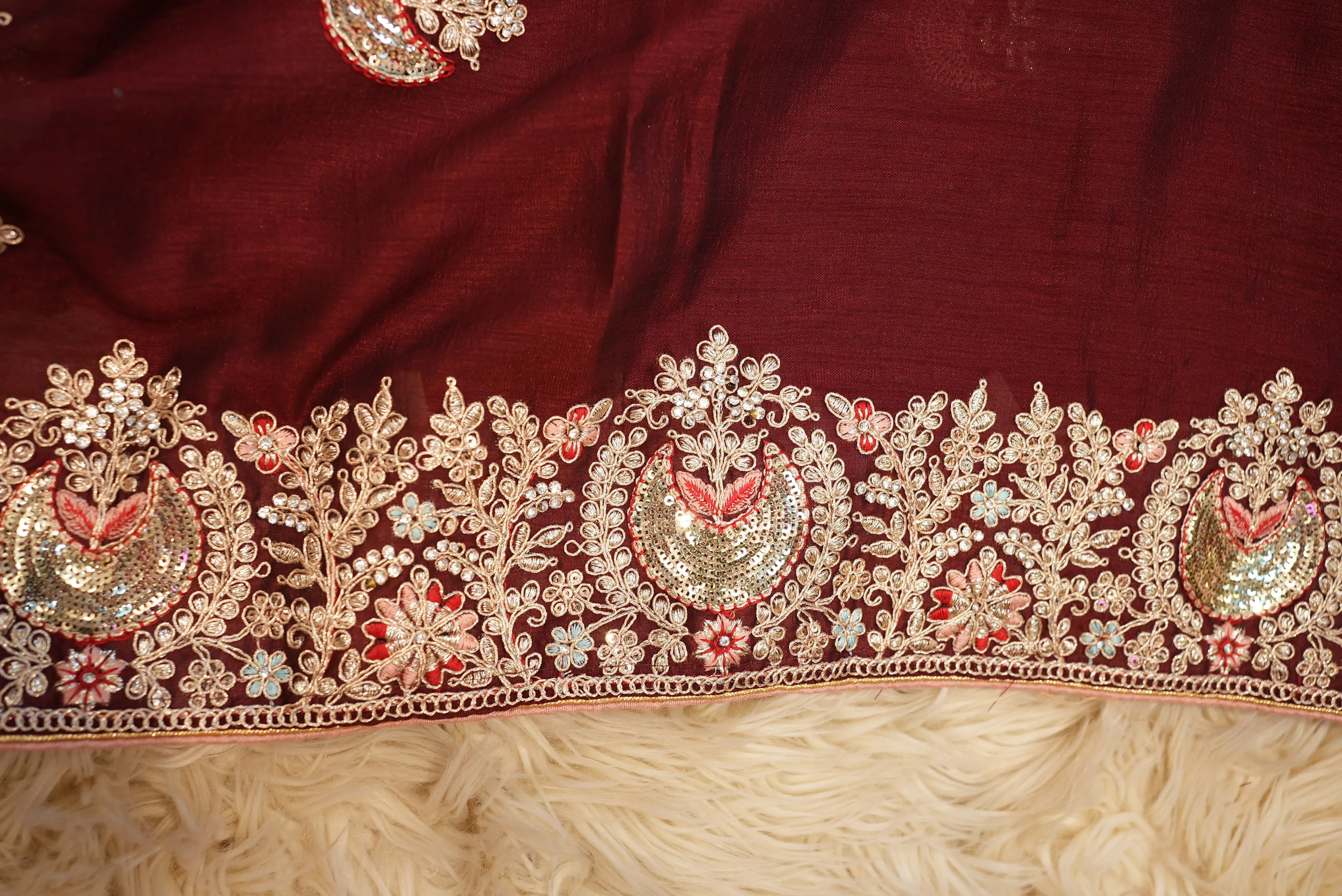 Satin Silk Saree with Ajrakh Print & Tassels (With Blouse)