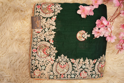 BRIDAL SAREE WITH HEAVY BORDER SEQUENCE ,EMBROIDERY AND DORI WORK (6.15 MTR CUT ) (WITH BLOUSE)  ##SR0216