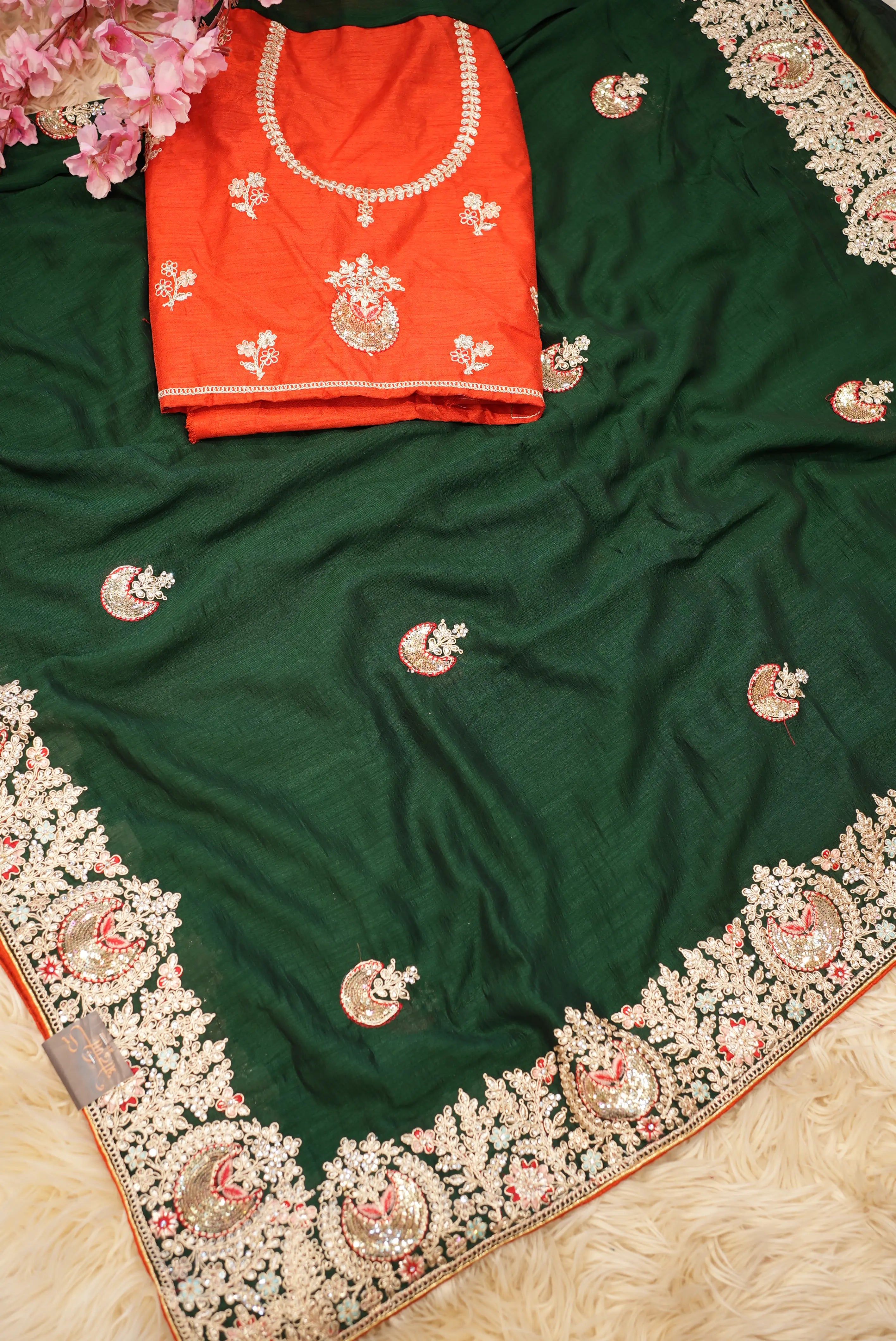 Satin Silk Saree with Ajrakh Print & Tassels (With Blouse)