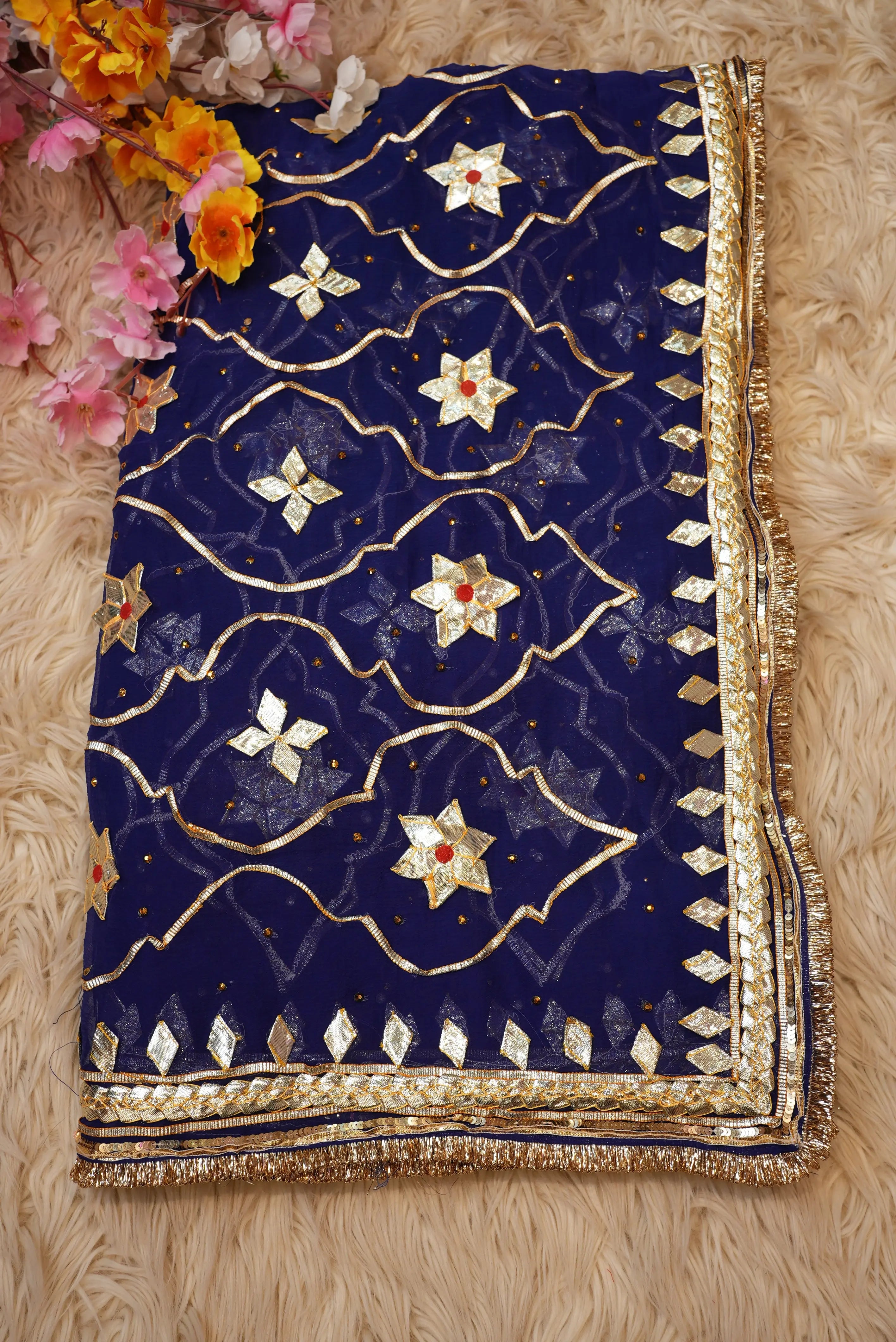 Neelgiri Chiffon Saree with Rajasthani Kachi Gota Patti & Aangi Blouse