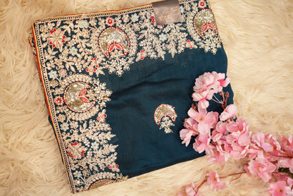 BRIDAL SAREE WITH HEAVY BORDER SEQUENCE ,EMBROIDERY AND DORI WORK (6.15 MTR CUT ) (WITH BLOUSE)  ##SR0216