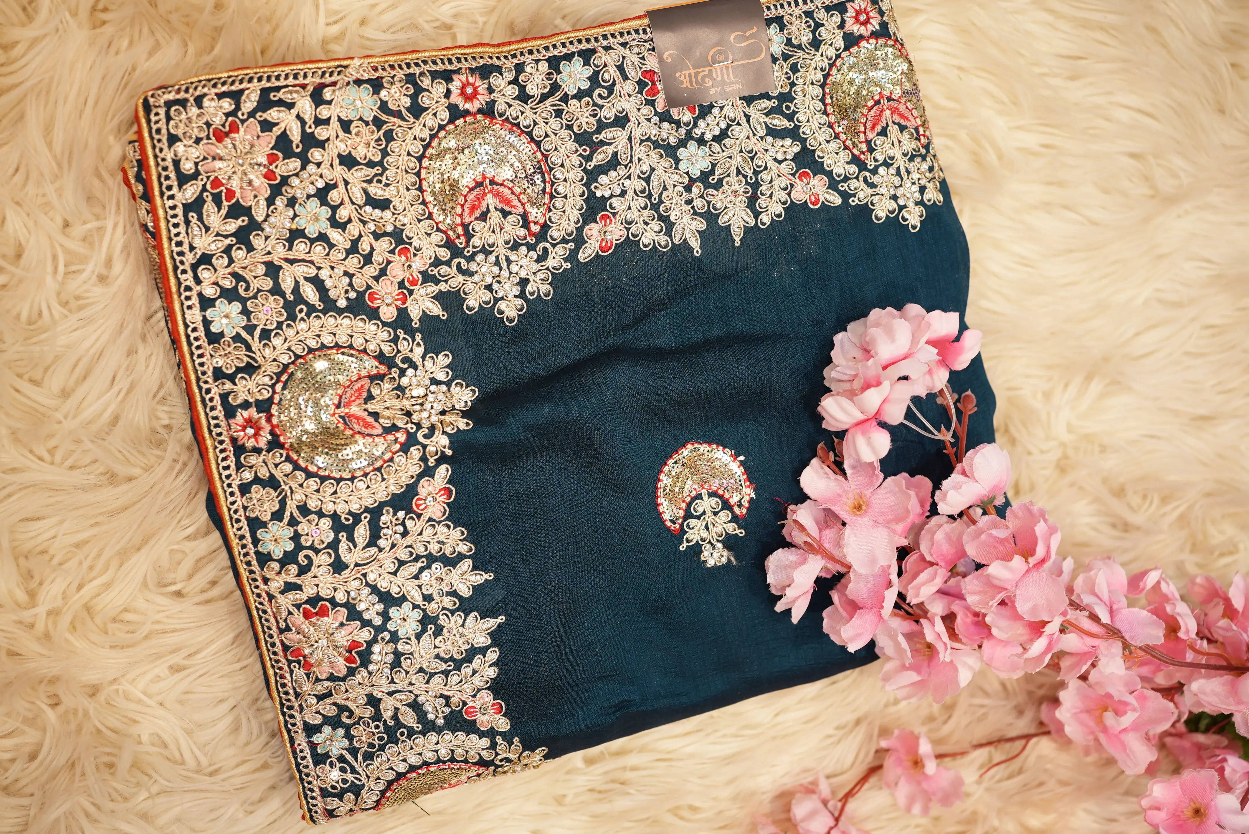 Satin Silk Saree with Ajrakh Print & Tassels (With Blouse)