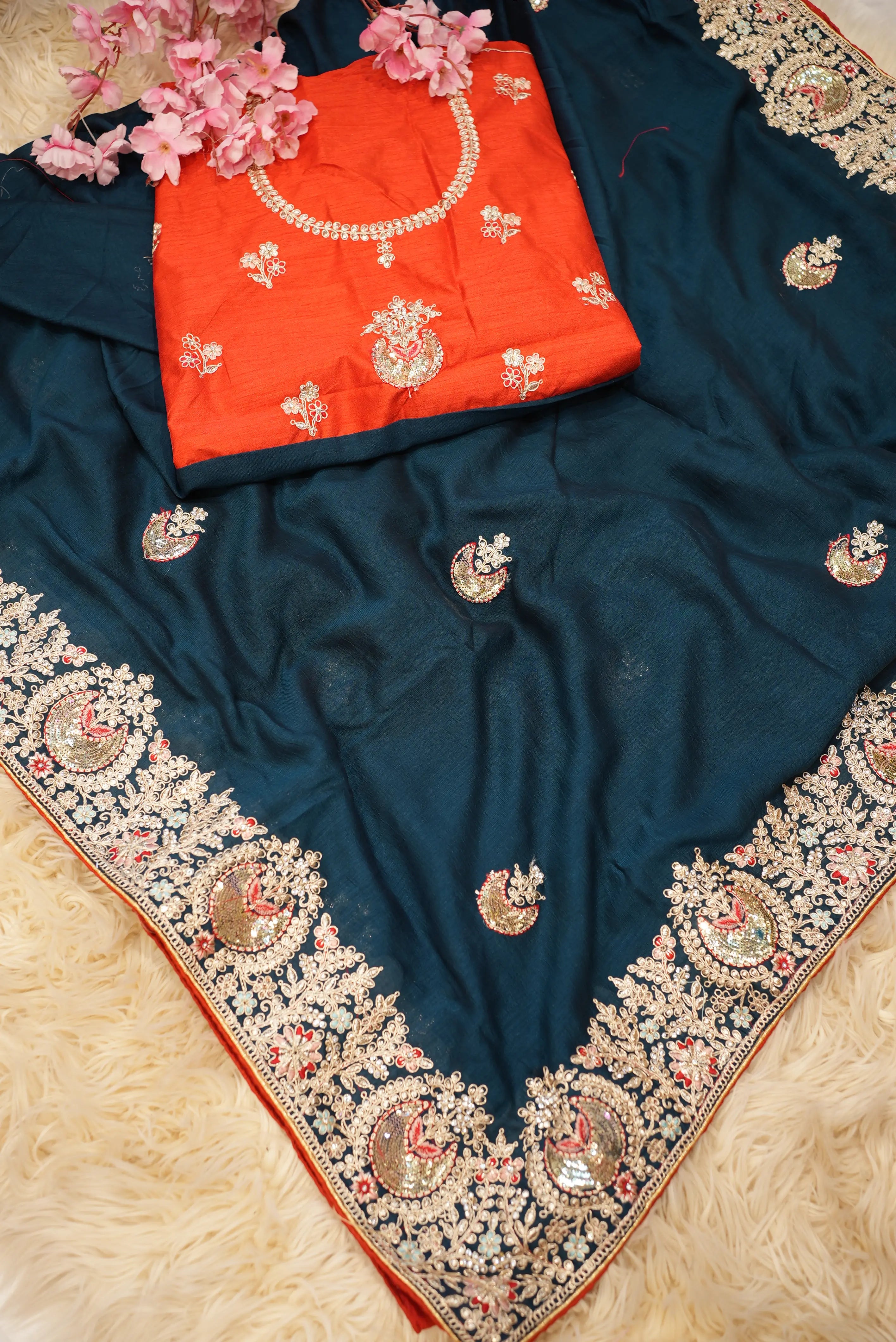 Satin Silk Saree with Ajrakh Print & Tassels (With Blouse)