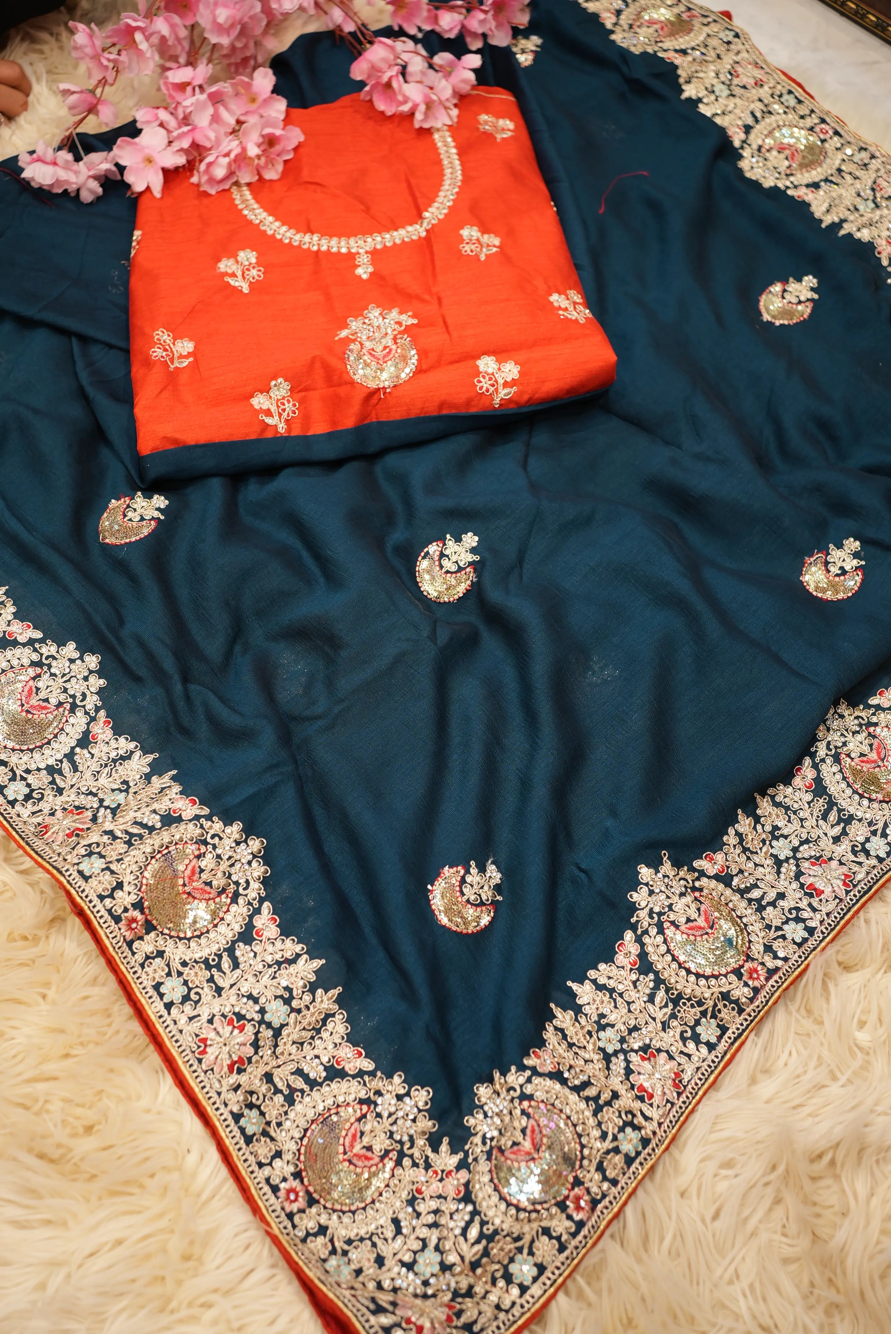 Satin Silk Saree with Ajrakh Print & Tassels (With Blouse)