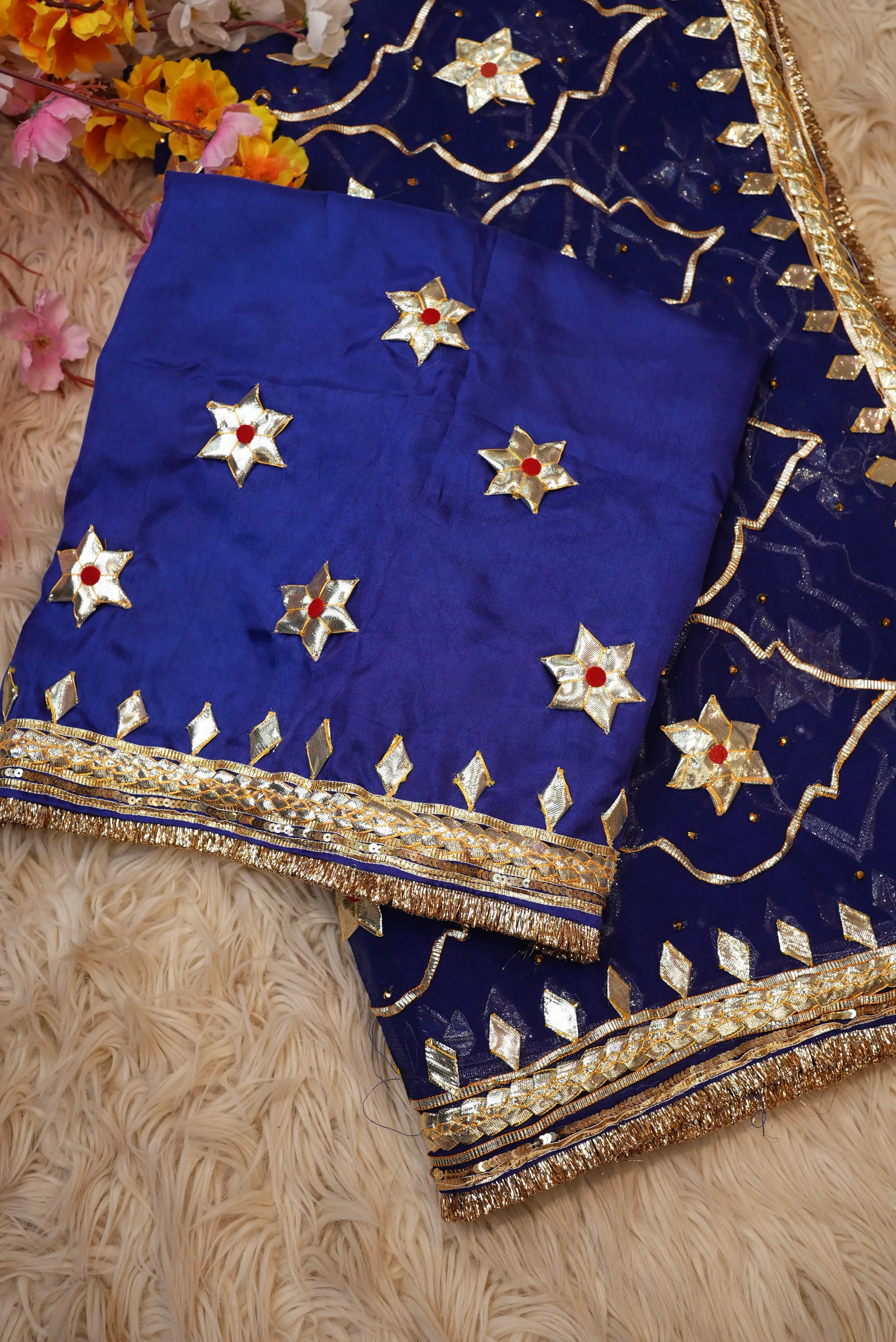 Neelgiri Chiffon Saree with Rajasthani Kachi Gota Patti & Aangi Blouse