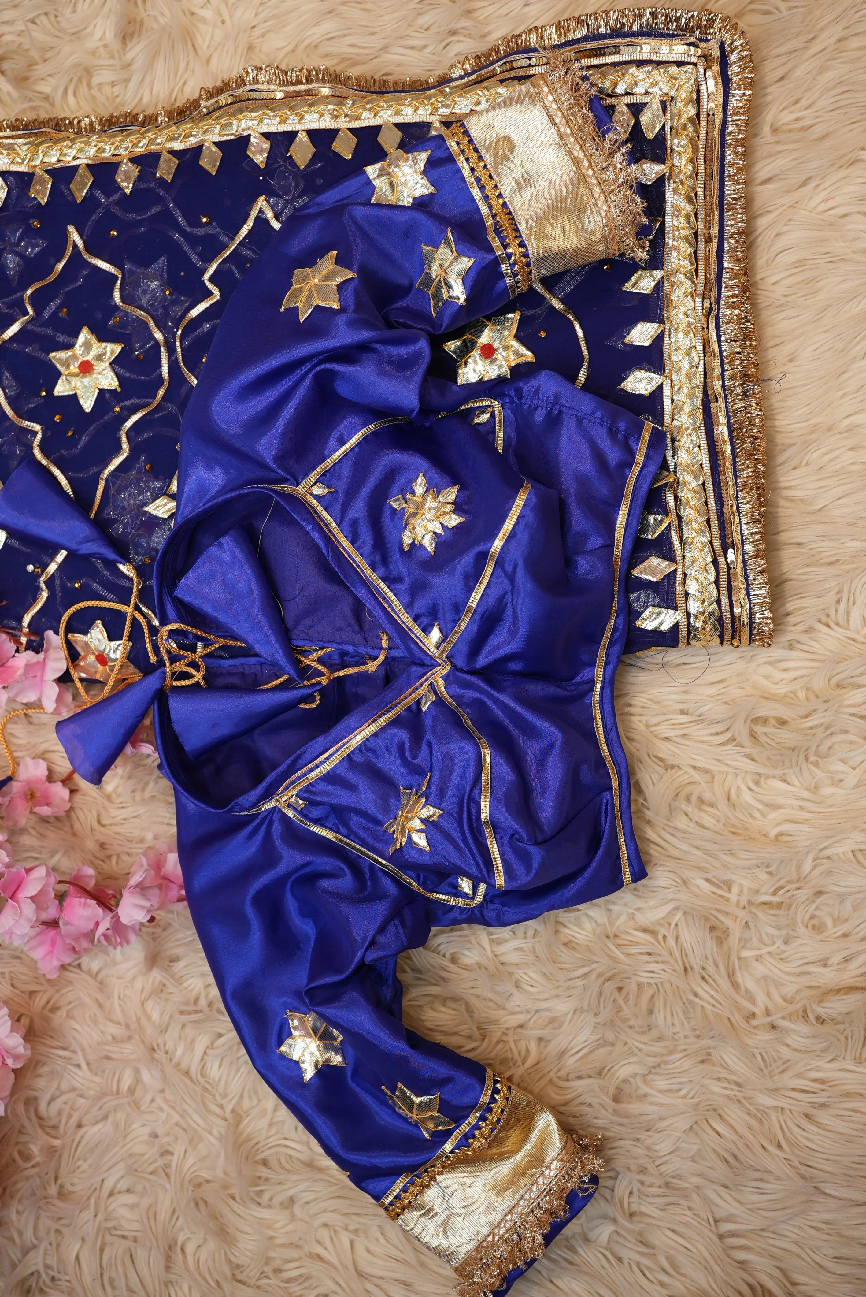 Neelgiri Chiffon Saree with Rajasthani Kachi Gota Patti & Aangi Blouse