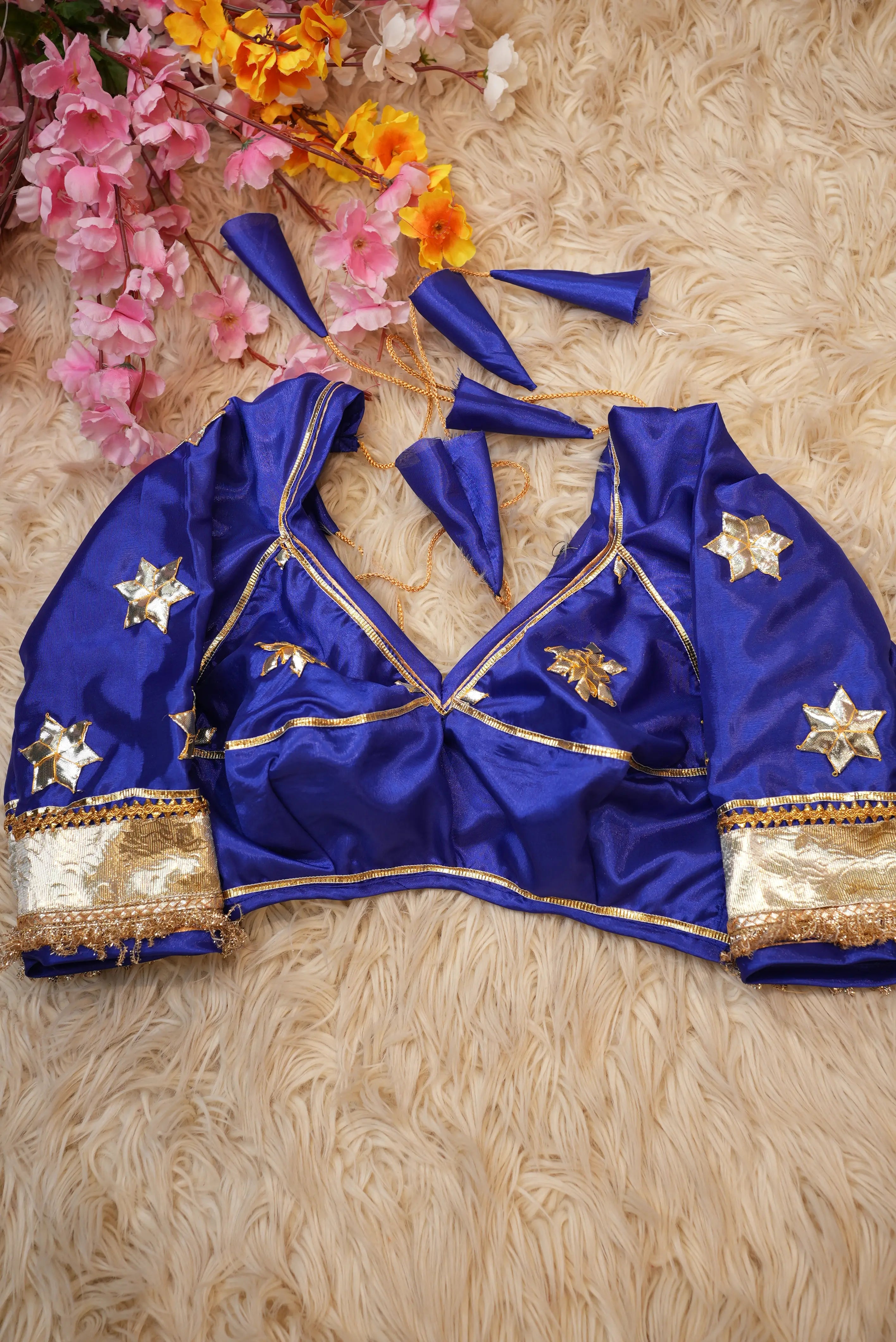 Neelgiri Chiffon Saree with Rajasthani Kachi Gota Patti & Aangi Blouse