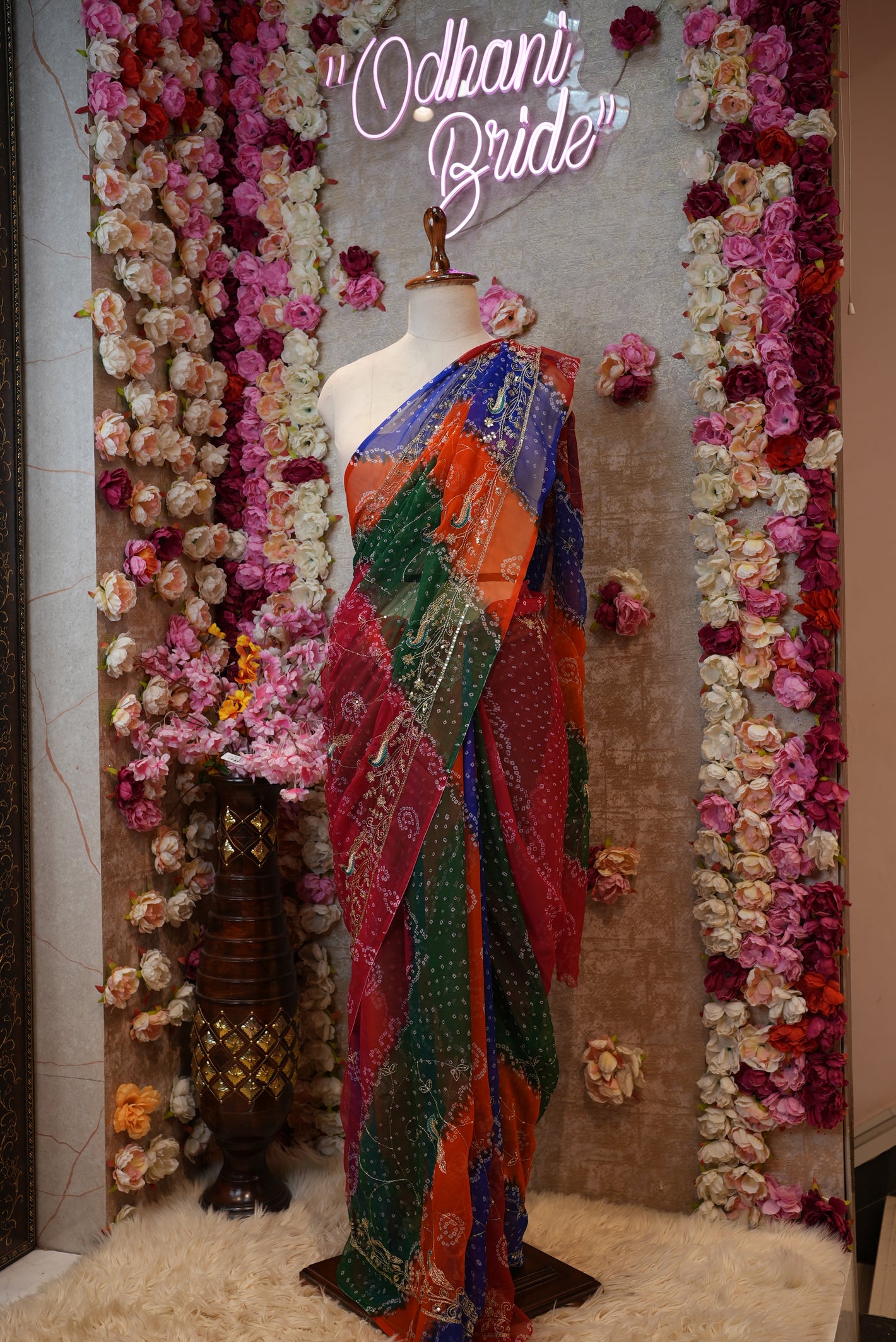 ROYAL GEORGETTE FABRIC DARBARI BANDHANI SAREE IN PACHRANGI COLOURWITH PEACOCK DESIGN BORDER & AARI TARI WORKAND JAAL PATTERN (WITHOUT BLOUSE)  ##SR464