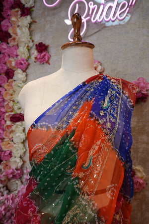 ROYAL GEORGETTE FABRIC DARBARI BANDHANI SAREE IN PACHRANGI COLOURWITH PEACOCK DESIGN BORDER & AARI TARI WORKAND JAAL PATTERN (WITHOUT BLOUSE)  ##SR464