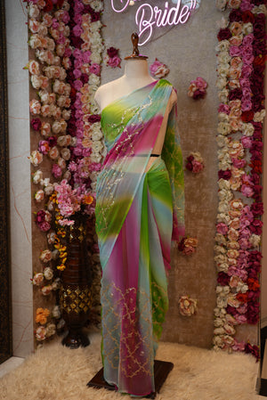 MULTI SHADE DARBARI SAREE WITH AARI TARI JAAL PATTERN ON GEORGETTE FABRIC (WITHOUT BLOUSE)   ##SR462