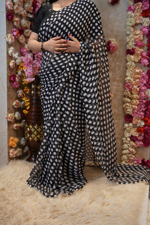 RETRO STYLE POLKA DOT'S SAREE ON ROYAL CHIFFON FABRIC (WITHOUT BLOUSE)   ##SR469