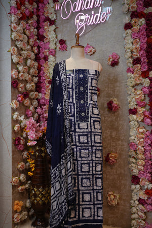 NAVY BLUE & RED SHIBORI COTTON SUIT WITH KATHA,ZARDOZI AND ANCHOR WORK SUIT FABRIC ##SR701