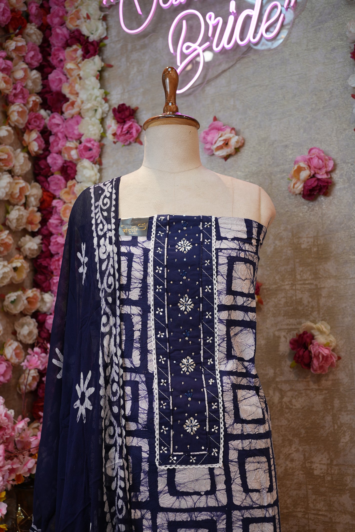 NAVY BLUE & RED SHIBORI COTTON SUIT WITH KATHA,ZARDOZI AND ANCHOR WORK SUIT FABRIC ##SR701