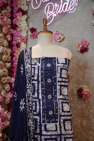 NAVY BLUE & RED SHIBORI COTTON SUIT WITH KATHA,ZARDOZI AND ANCHOR WORK SUIT FABRIC ##SR701