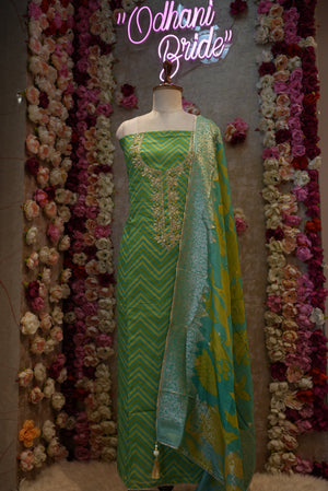 PURE CHANDERI FABRIC LEHERIYA 3-PIECE EMBROIDERY HANDWORK SUIT (UNSTITCHED)  ##SF042