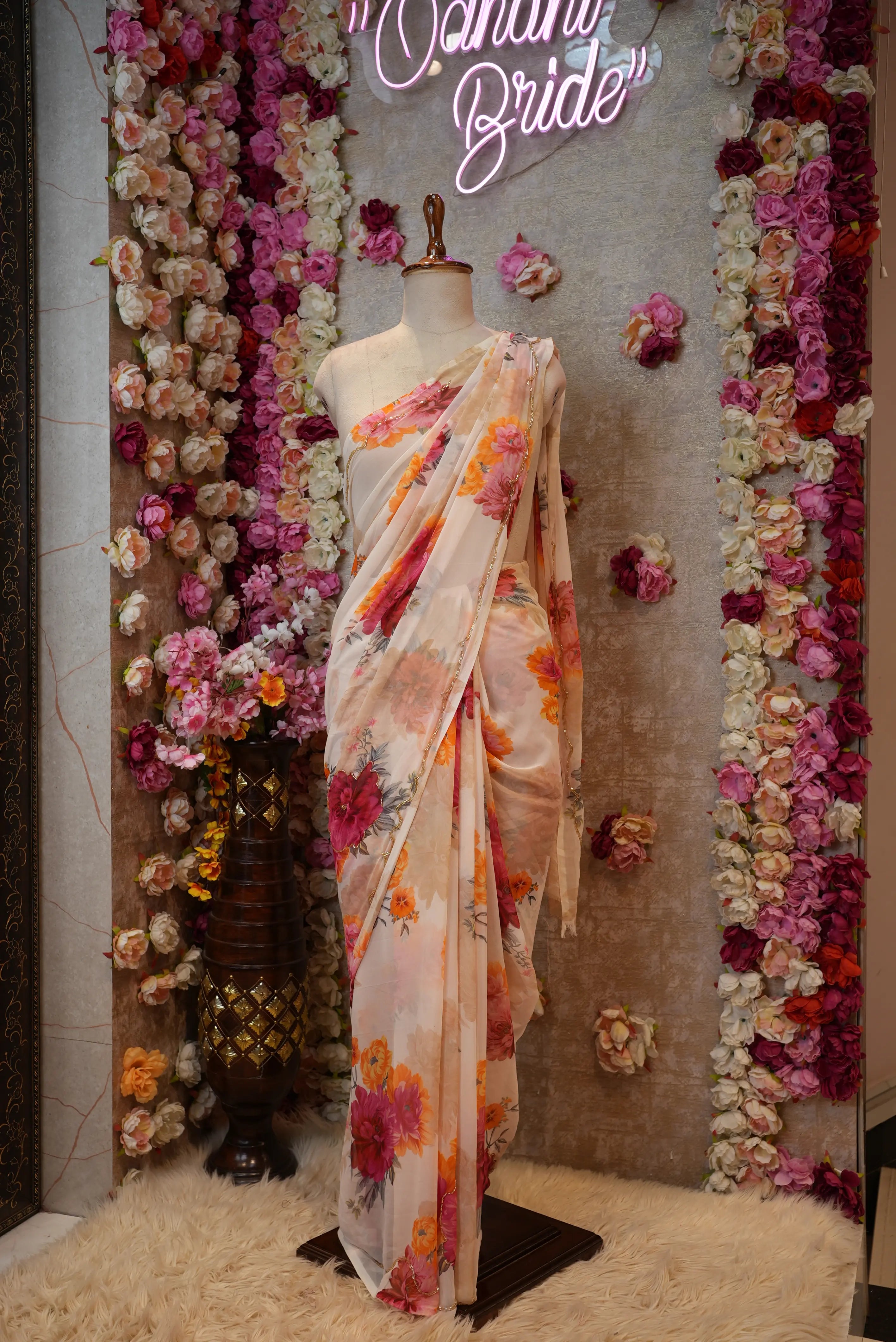 Flower Print Georgette Saree with Cutdana Work