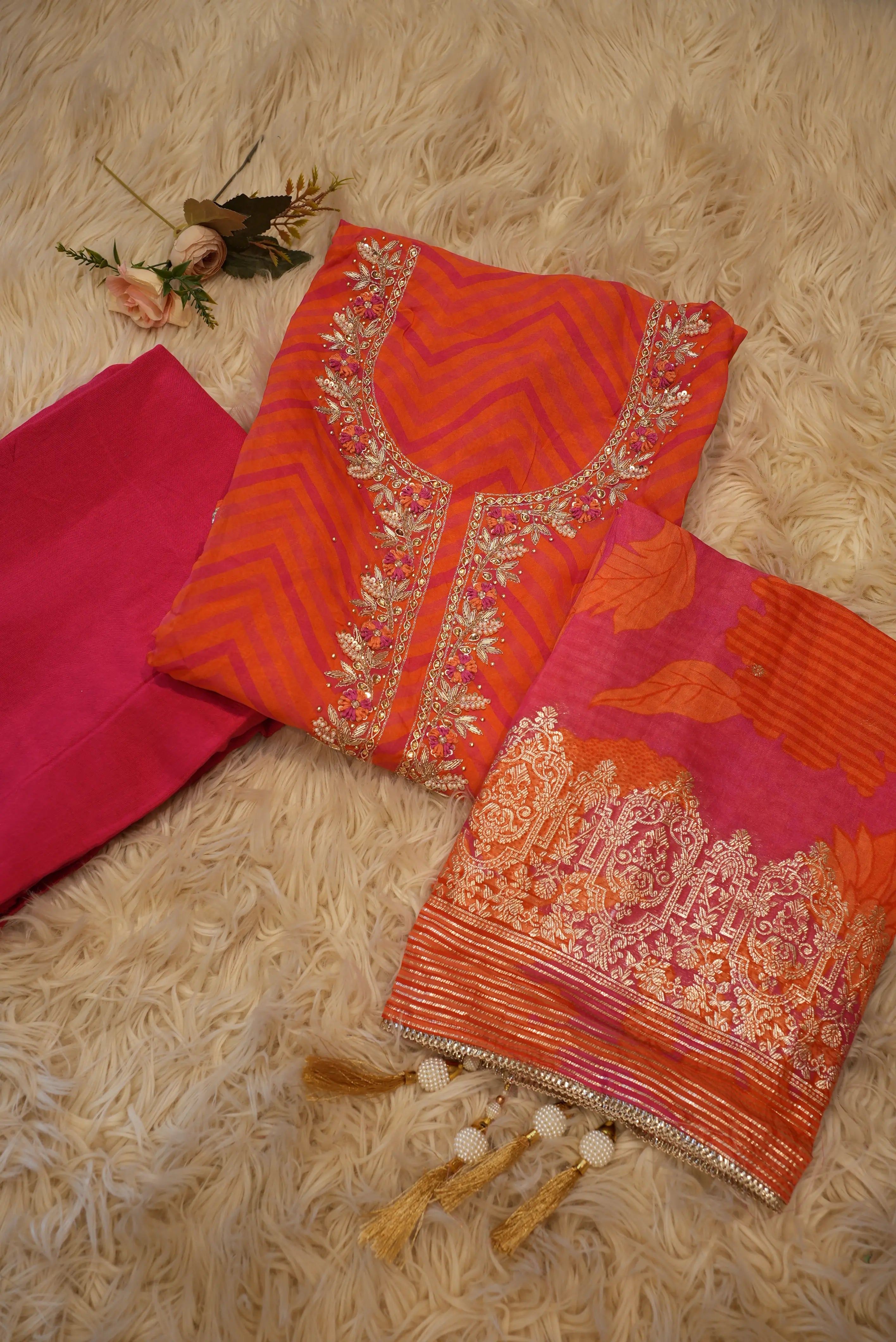PURE CHANDERI FABRIC LEHERIYA 3-PIECE EMBROIDERY HANDWORK SUIT (UNSTITCHED)