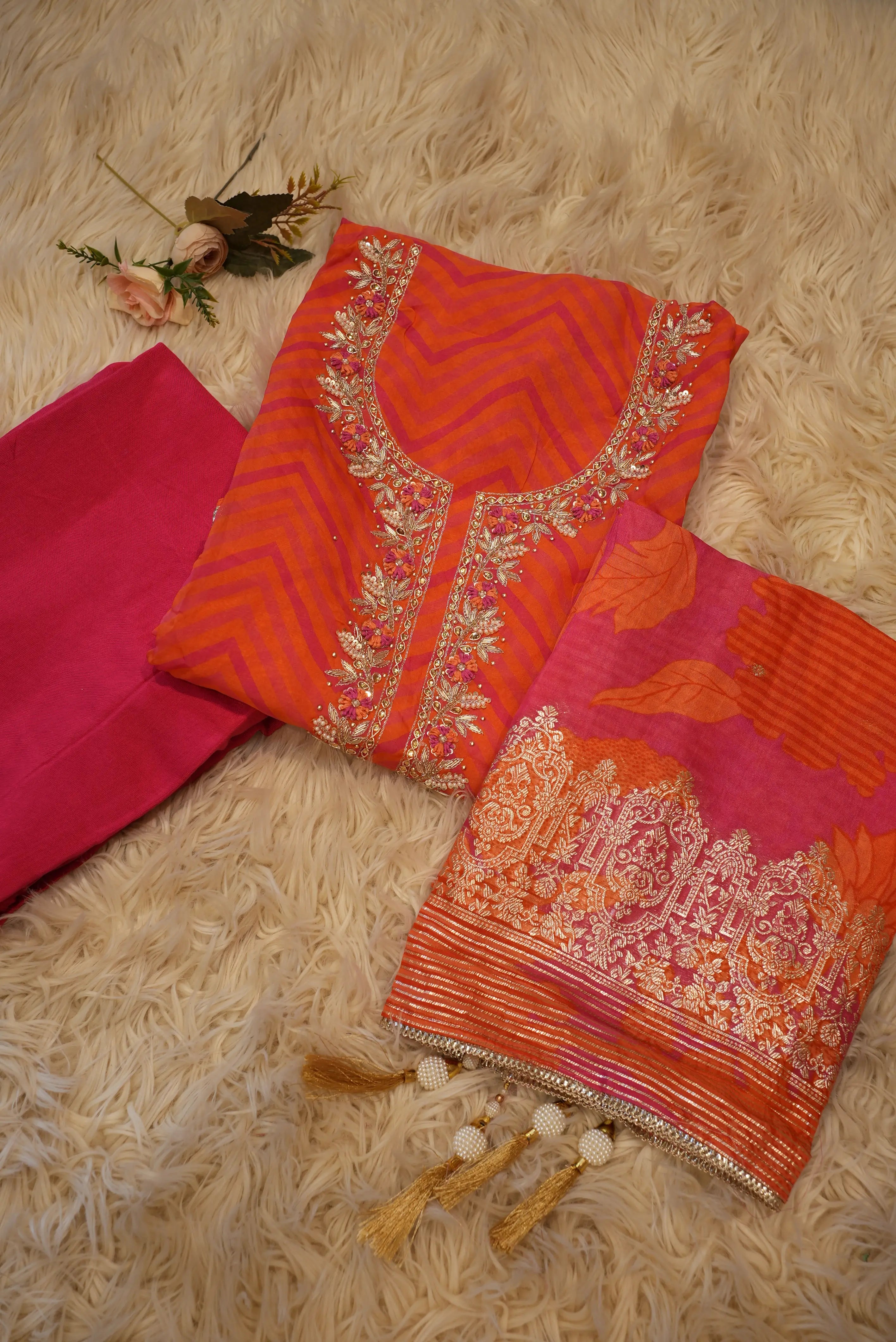 PURE CHANDERI FABRIC LEHERIYA 3-PIECE EMBROIDERY HANDWORK SUIT (UNSTITCHED)