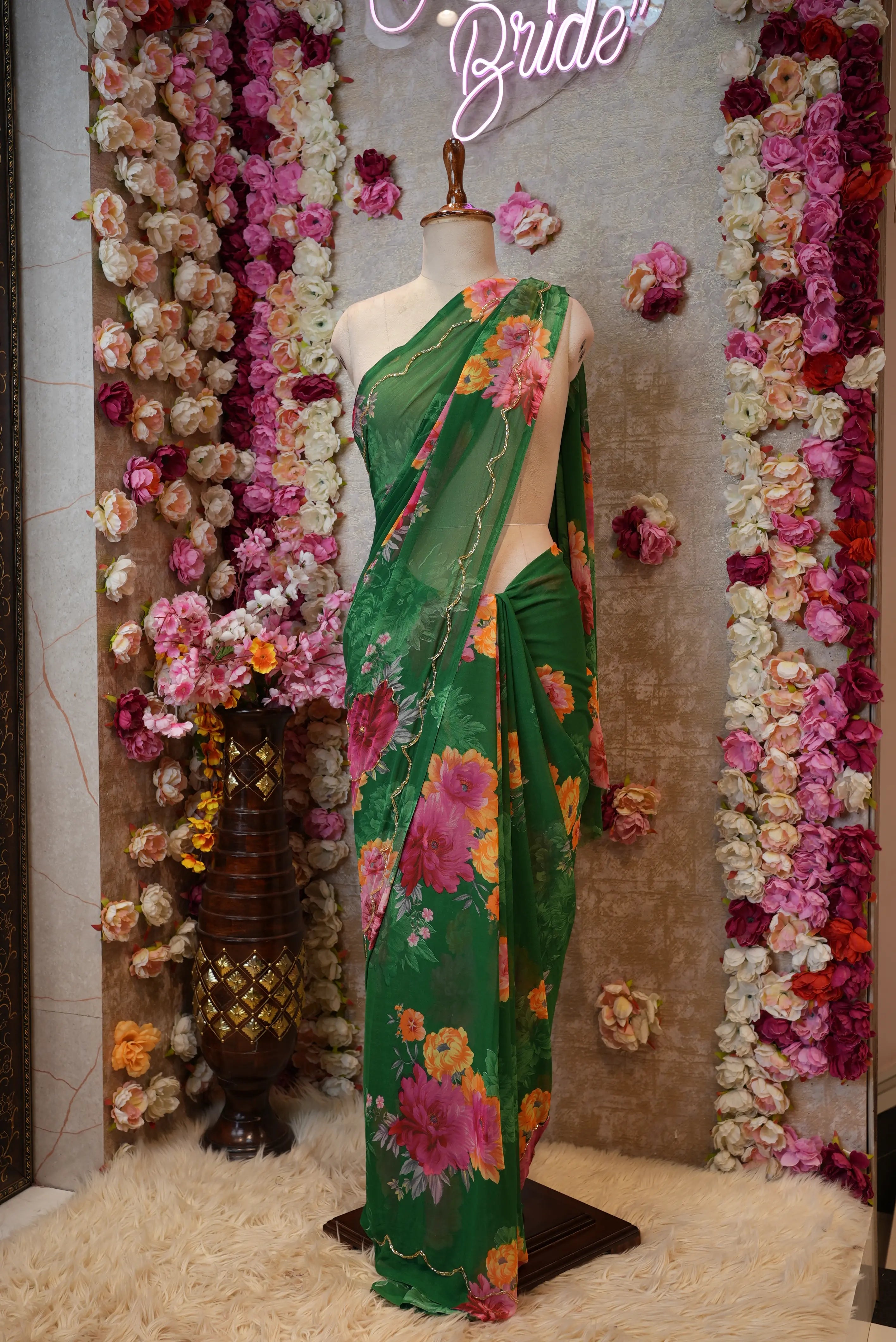 Flower Print Georgette Saree with Cutdana Work