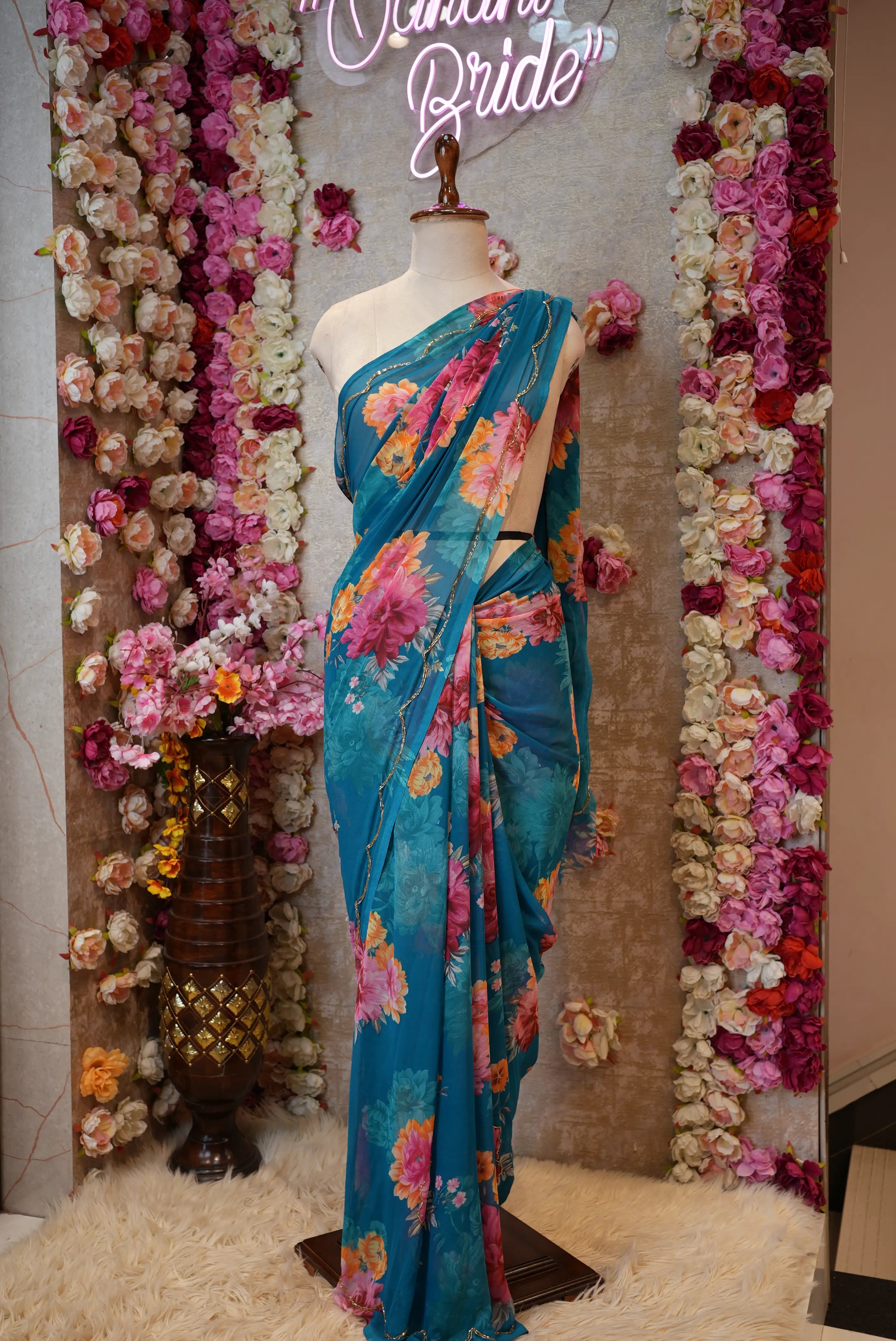Flower Print Georgette Saree with Cutdana Work