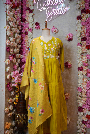 MUSTARD YELLOW FLORAL EMBRROIDERED ANARKALI  SUIT ON MASLIN FABRIC WITH HAND-PAINTED DUPATTA ##SP112