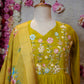 MUSTARD YELLOW FLORAL EMBRROIDERED ANARKALI  SUIT ON MASLIN FABRIC WITH HAND-PAINTED DUPATTA ##SP112