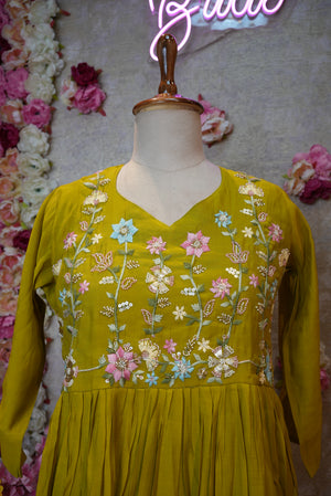 MUSTARD YELLOW FLORAL EMBRROIDERED ANARKALI  SUIT ON MASLIN FABRIC WITH HAND-PAINTED DUPATTA ##SP112