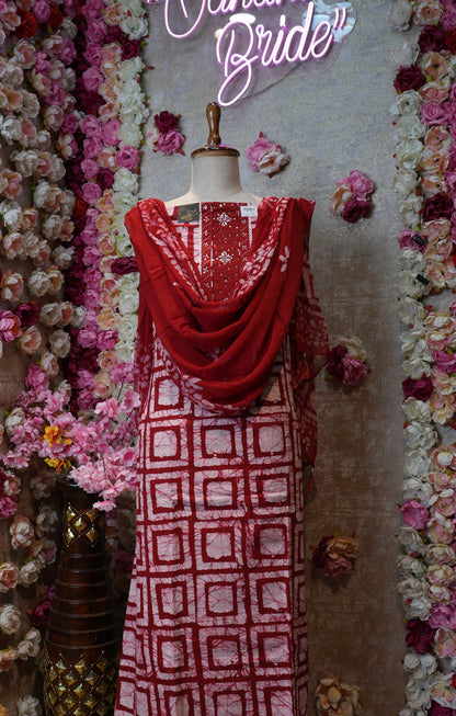 NAVY BLUE & RED SHIBORI COTTON SUIT WITH KATHA,ZARDOZI AND ANCHOR WORK SUIT FABRIC ##SR701