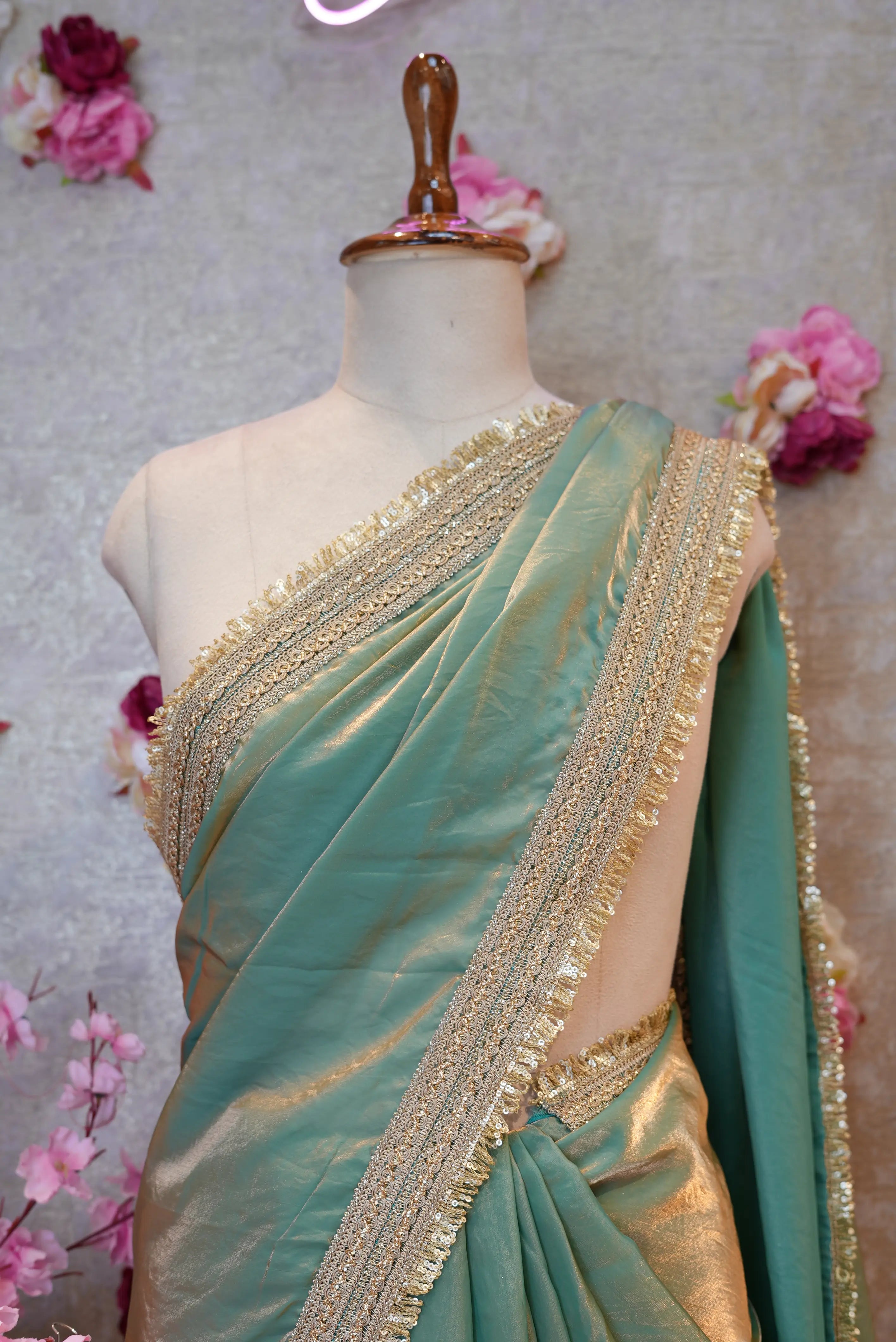 Metallic Tissue Saree with Hiramandi Lace & Heavy Embroidery Blouse