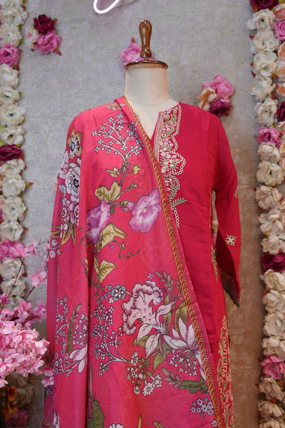 PAKISTHANI PATTERN 3-PIECE SUIT WITH EMBROIDERY WORK AND MASLIN FABIRC DUPATTA ##SP113