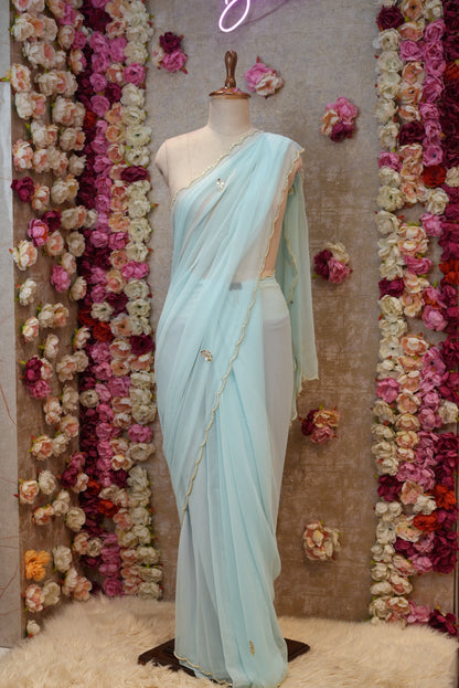 ELEGANT HANDCRAFTED SAREEA FOR FESTIVE SEASONS WITH CUTDANA & PEARL BORDER AND BUTTI PATTERN ON GEORGETTE FABRIC (WITH BLOUSE) ##SR476