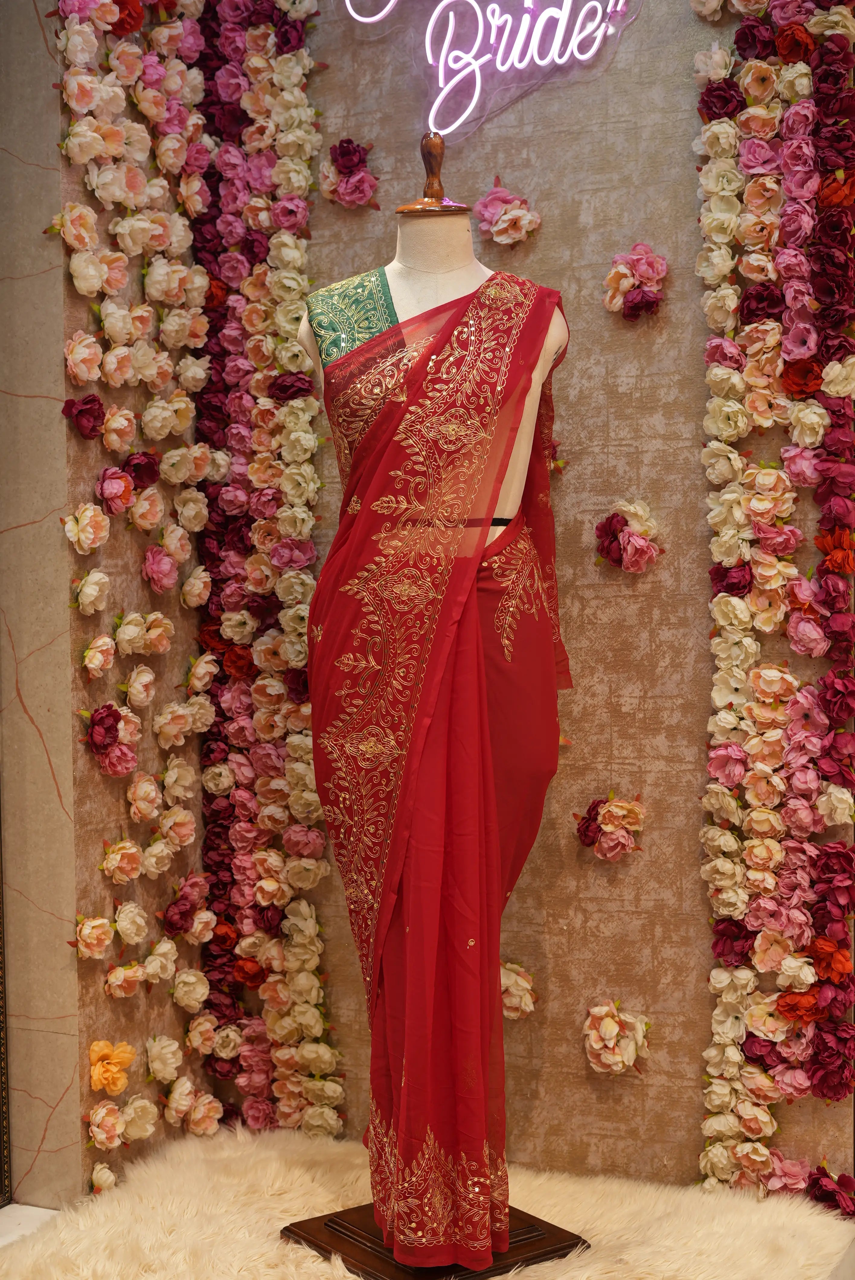 ROYAL GEORGETTE FABRIC VINTAGE WORK SAREE WITH BORDER PATTERN AARI TARRI WORK (WITH BLOUSE) ##SR481