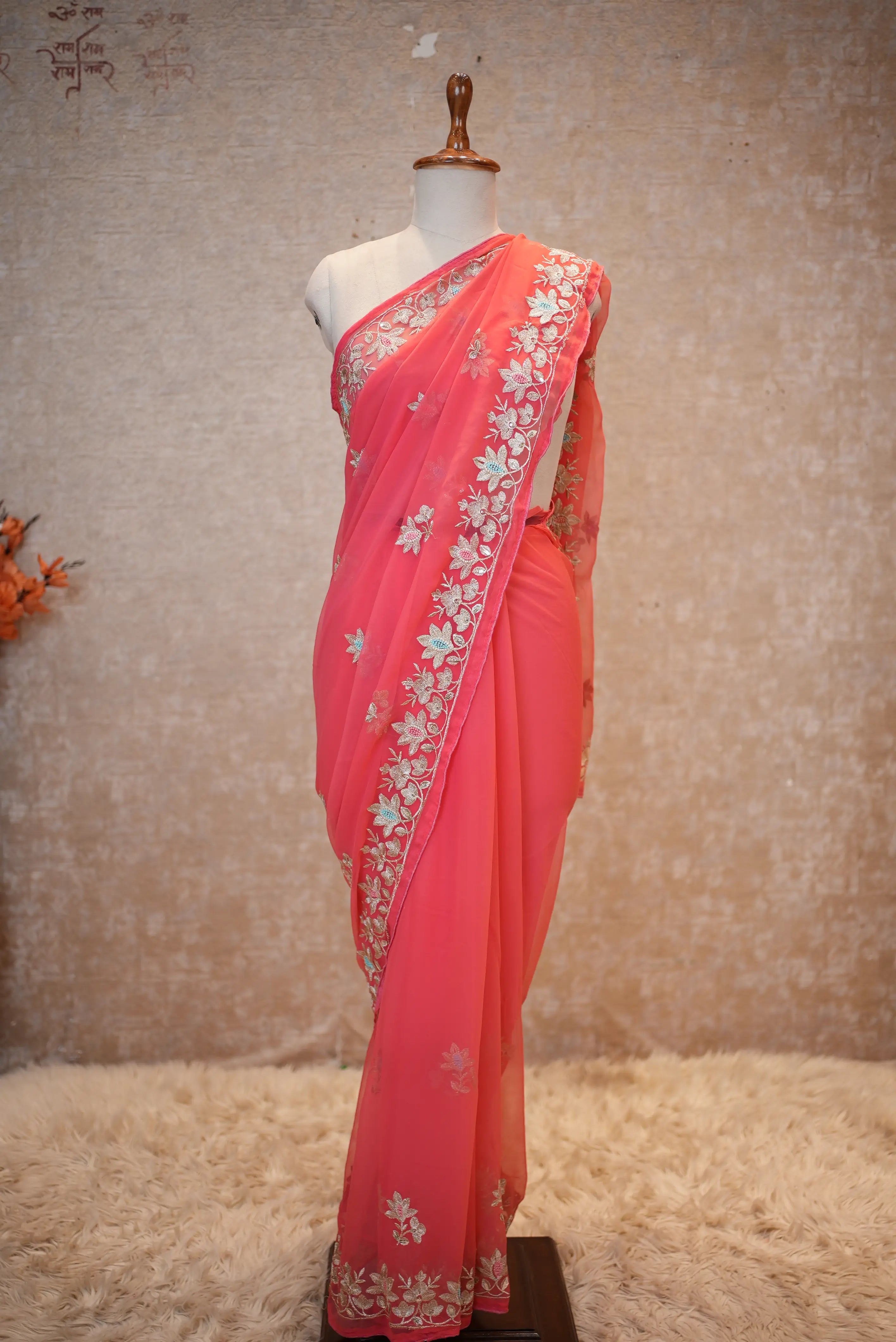 Georgette Fabric Saree With Aari Resham & Sequence Work (With Blouse)