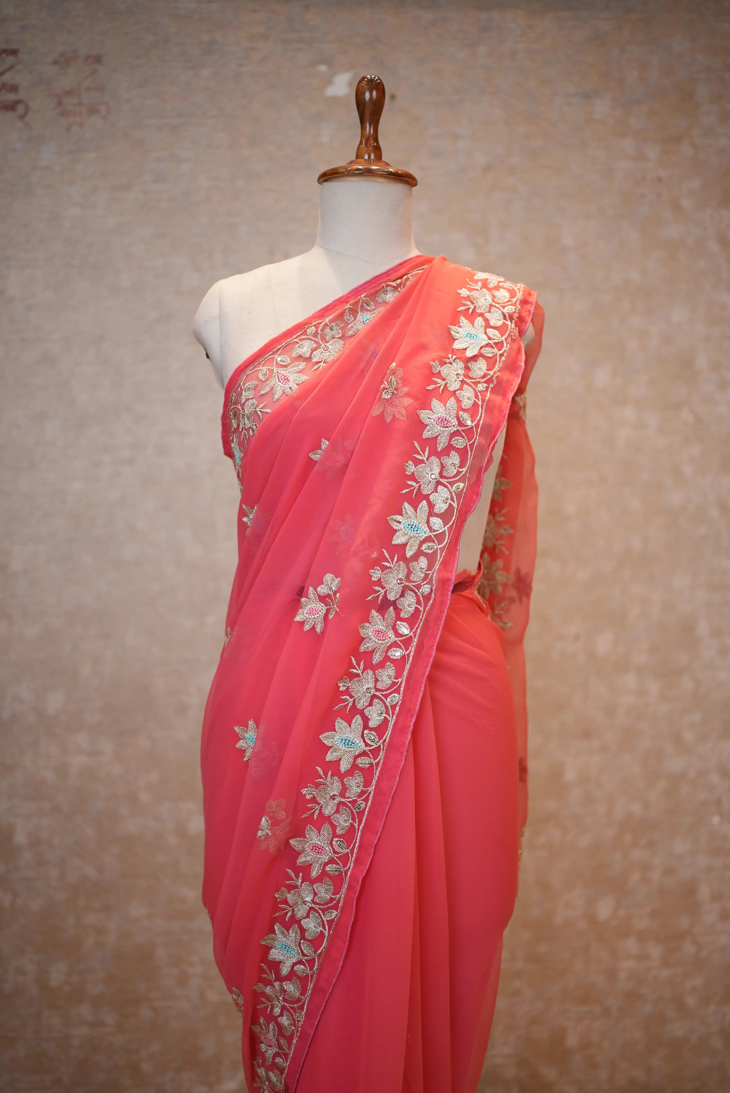 Georgette Fabric Saree With Aari Resham & Sequence Work (With Blouse)