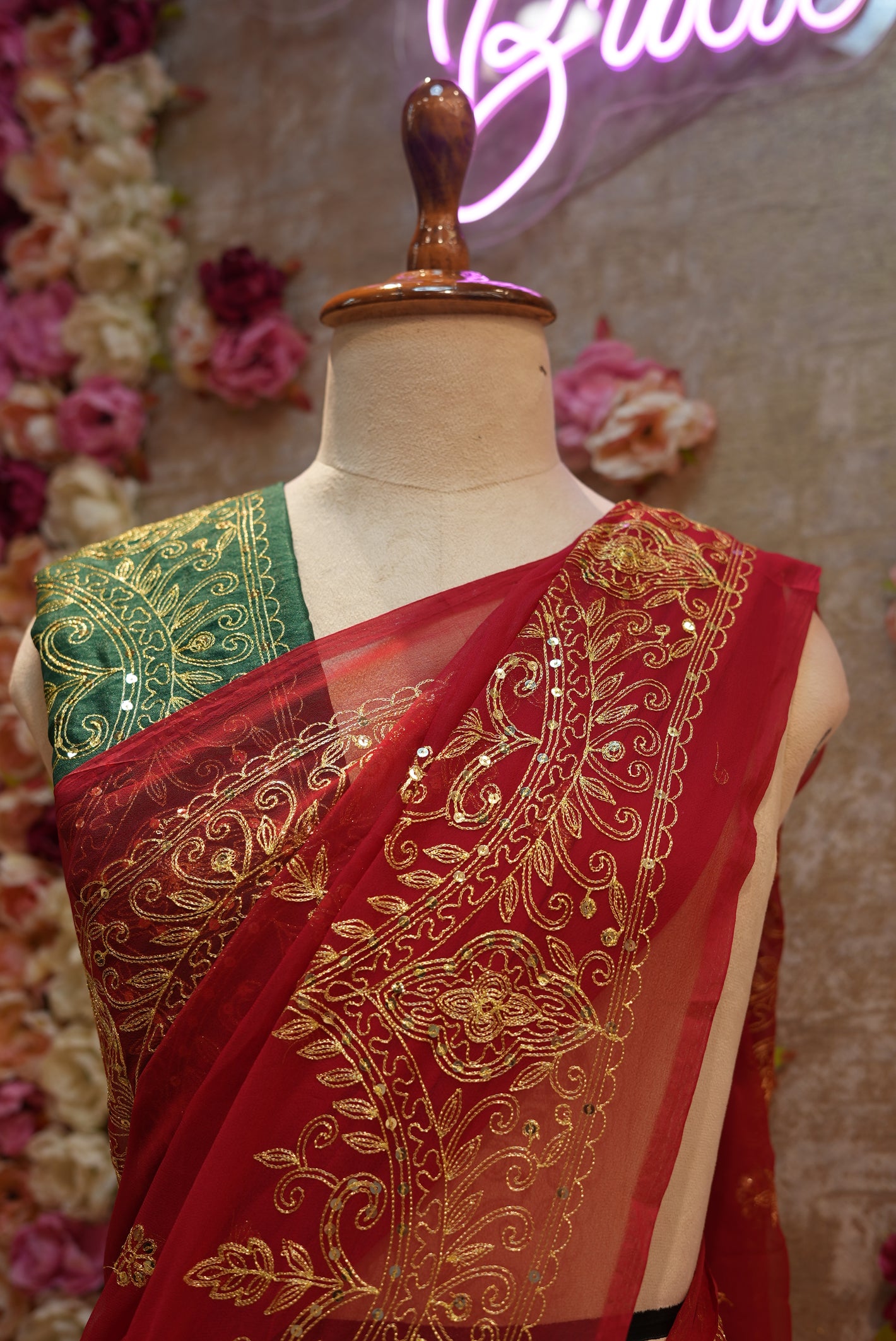 ROYAL GEORGETTE FABRIC VINTAGE WORK SAREE WITH BORDER PATTERN AARI TARRI WORK (WITH BLOUSE) ##SR481