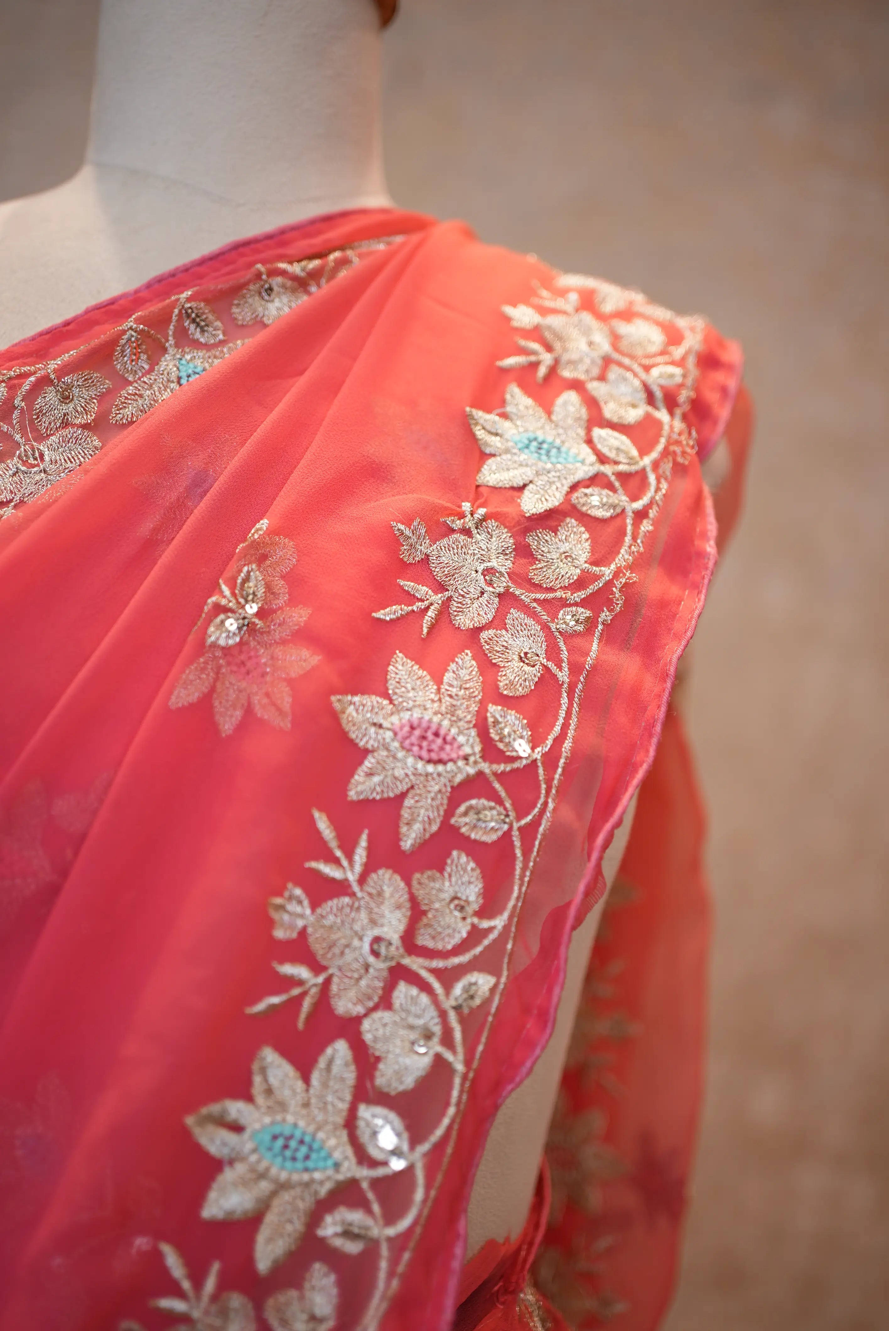 Georgette Fabric Saree With Aari Resham & Sequence Work (With Blouse)