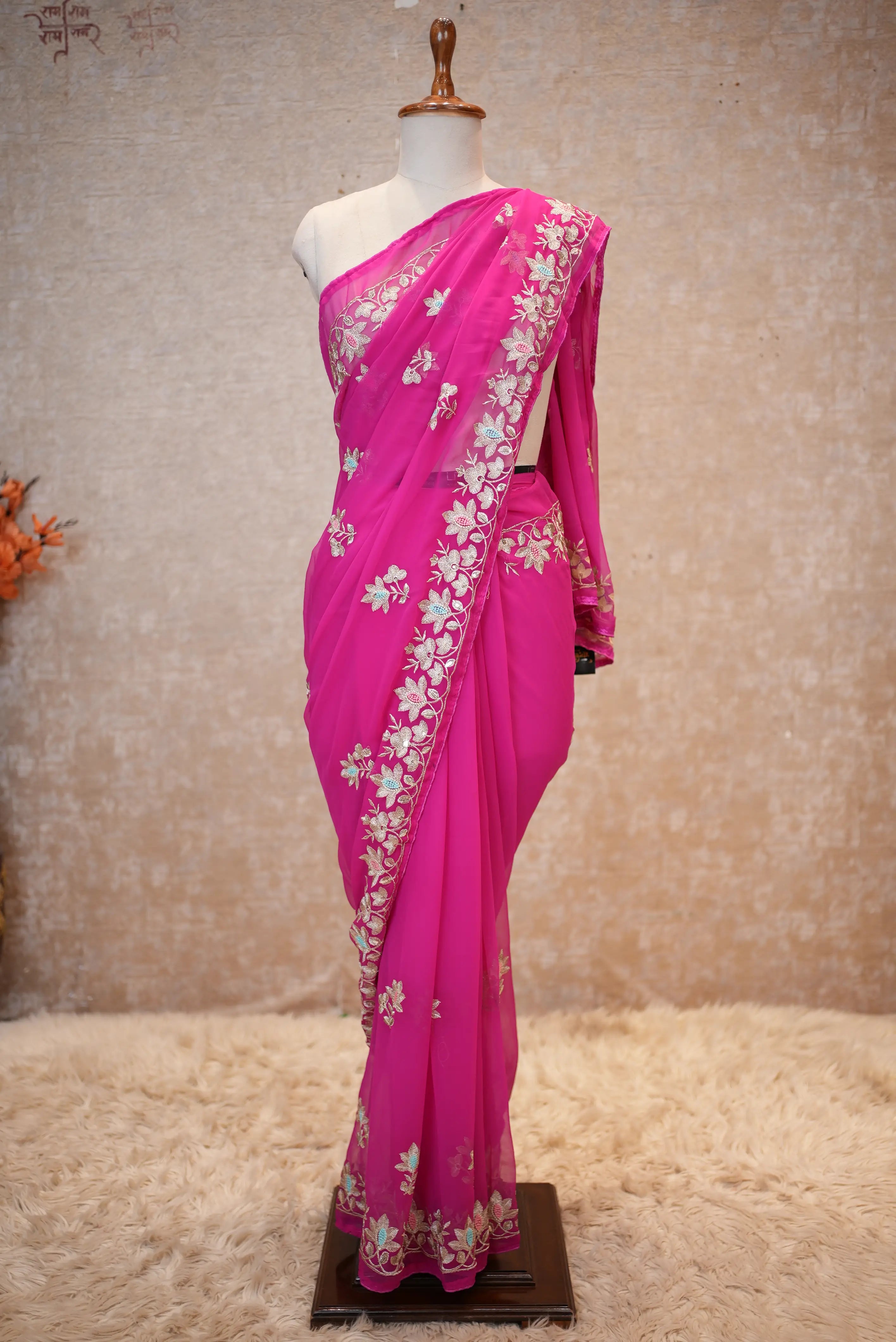 Georgette Fabric Saree With Aari Resham & Sequence Work (With Blouse)