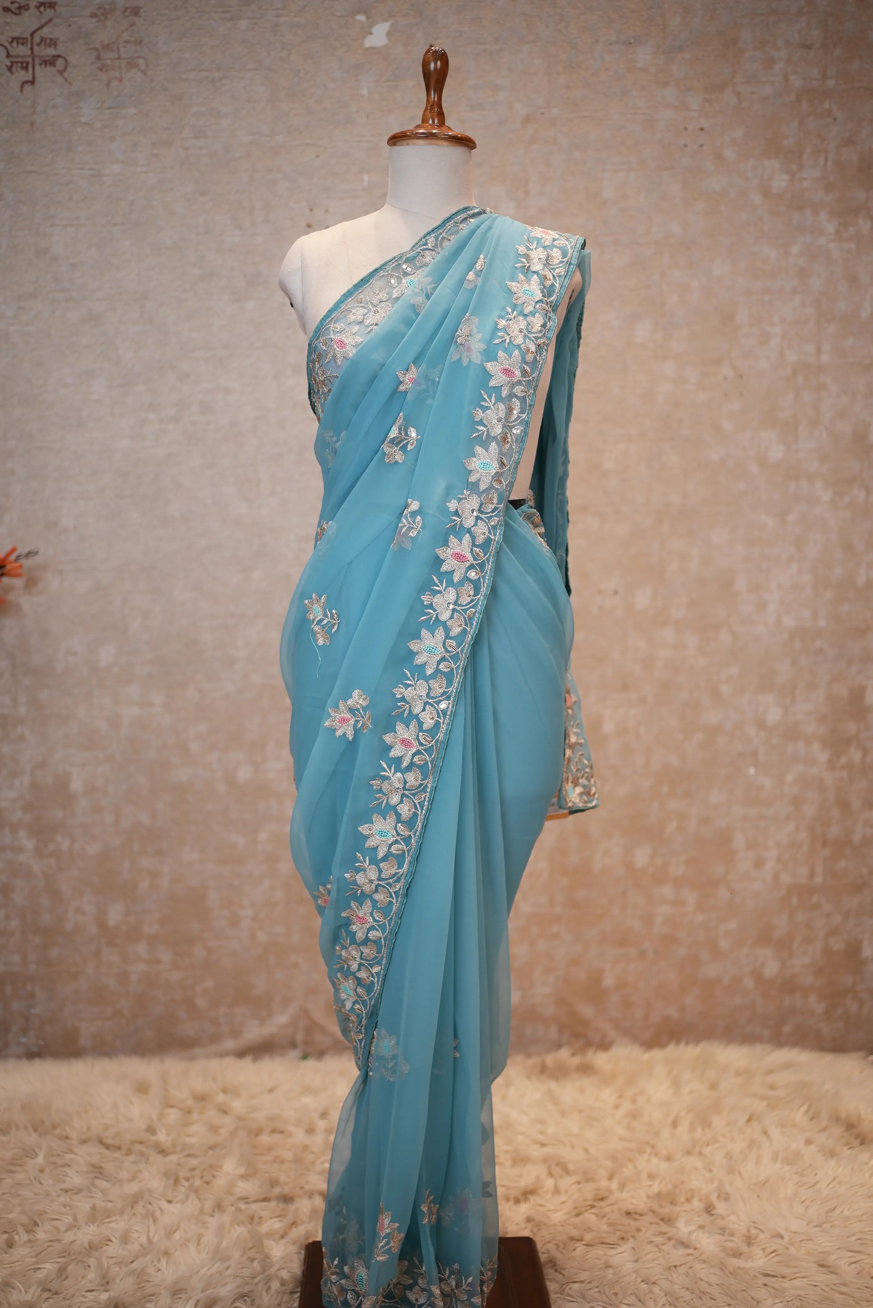 Georgette Fabric Saree With Aari Resham & Sequence Work (With Blouse)