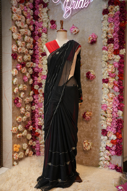 ROYAL CHIFFON FABRIC SAREE WITH LINING PATTERN CUTDANA HANDWORK (WITH CONTRST RED BLOUSE)   ##SR475