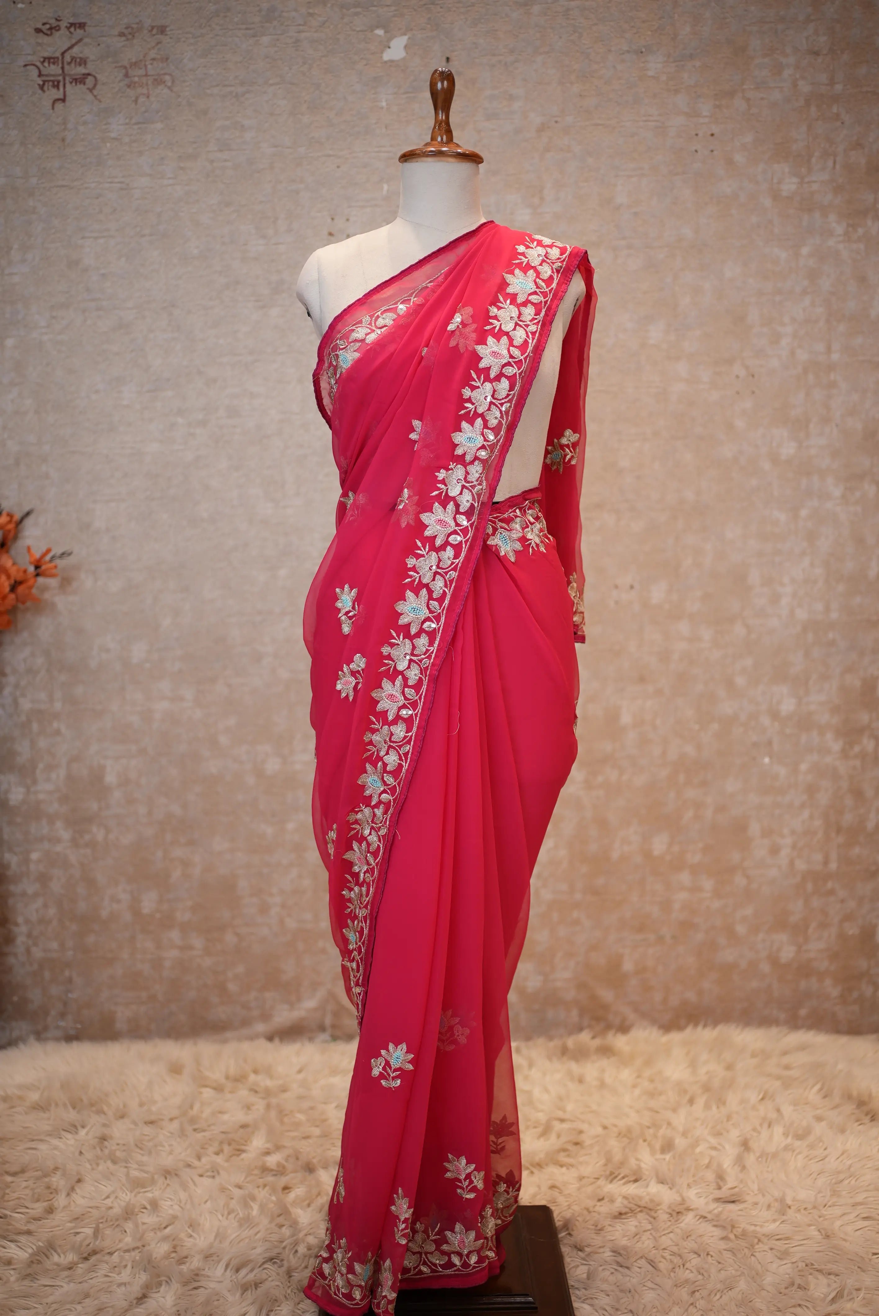 Georgette Fabric Saree With Aari Resham & Sequence Work (With Blouse)