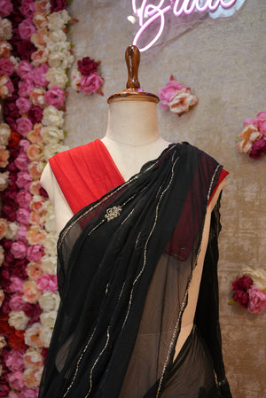 ROYAL CHIFFON FABRIC SAREE WITH LINING PATTERN CUTDANA HANDWORK (WITH CONTRST RED BLOUSE)   ##SR475