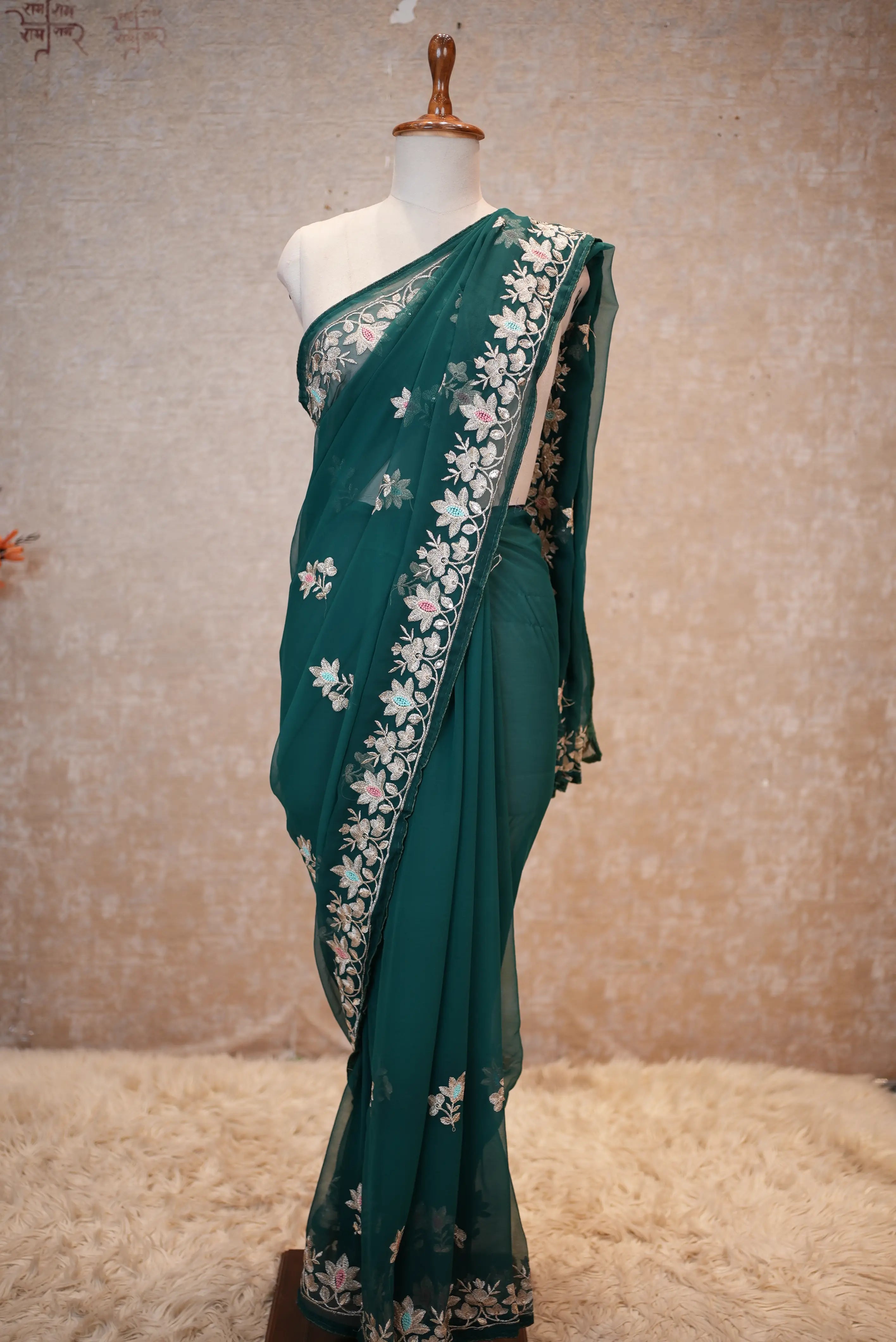 Georgette Fabric Saree With Aari Resham & Sequence Work (With Blouse)