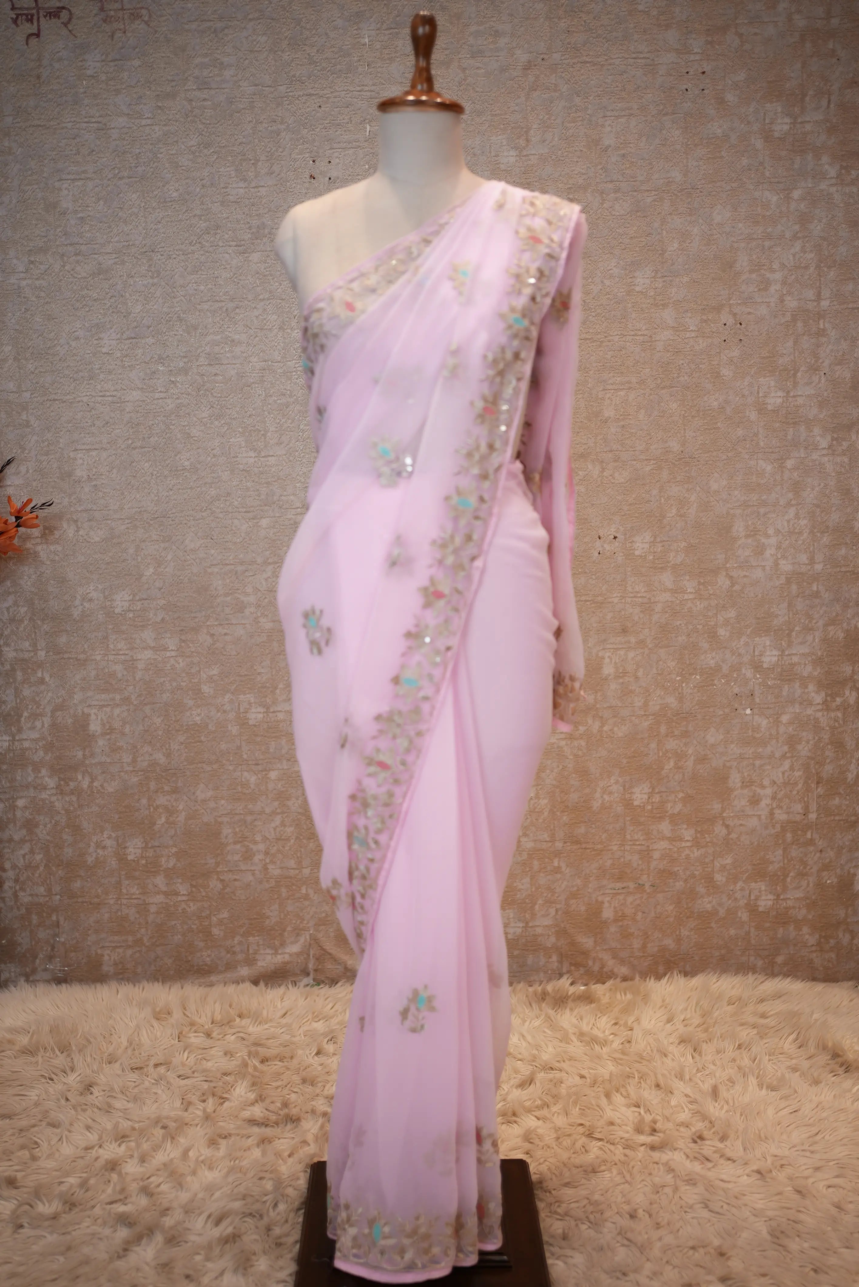 Georgette Fabric Saree With Aari Resham & Sequence Work (With Blouse)