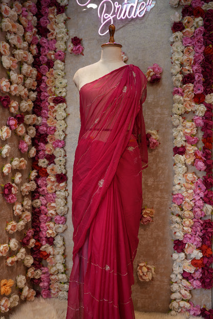ROYAL CHIFFON FABRIC SAREE WITH LINING PATTERN CUTDANA HANDWORK (WITH CONTRST RED BLOUSE)   ##SR475