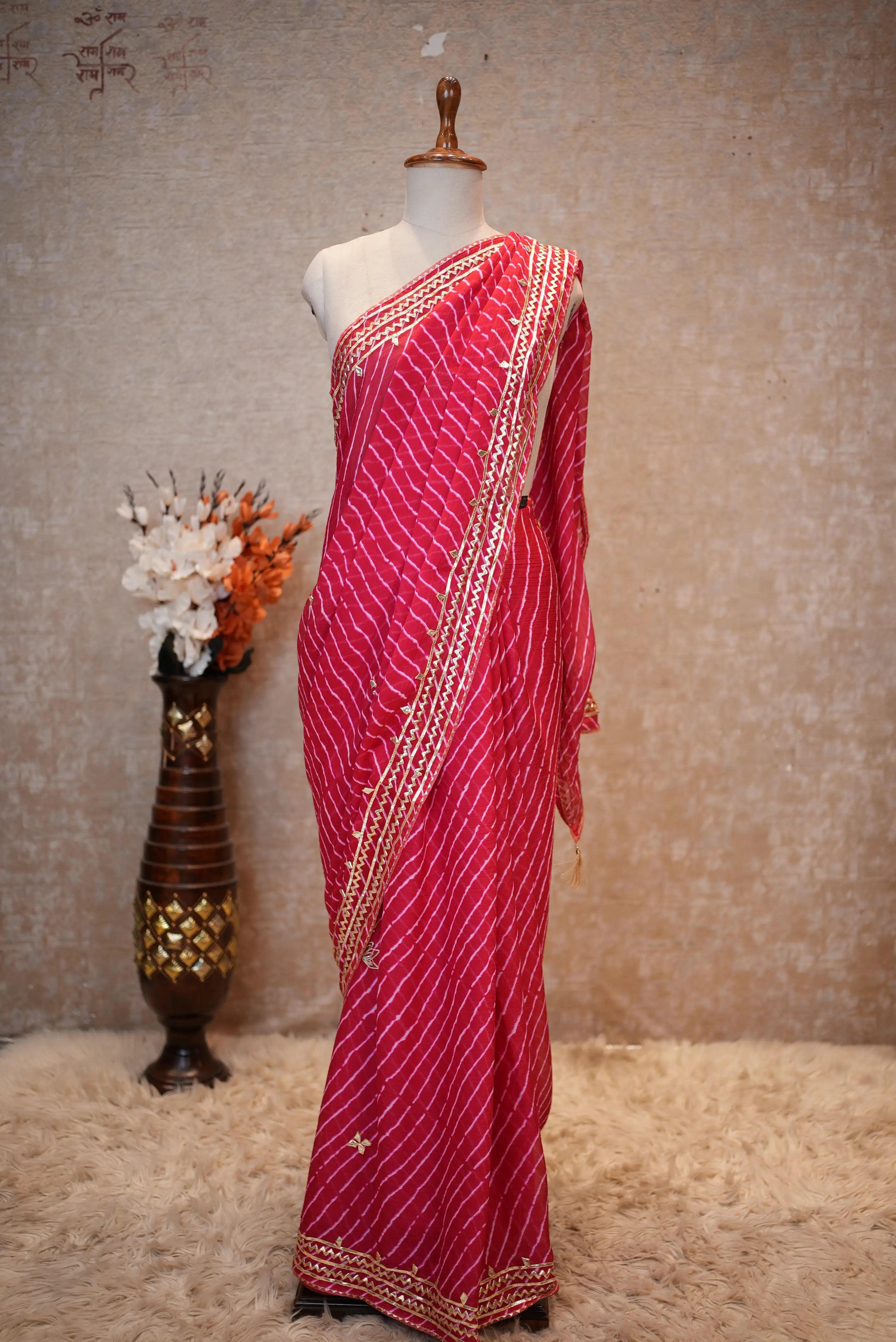 Rajasthani Traditional Leheriya Saree With Kacchi Gota Patti Work (With Blouse)