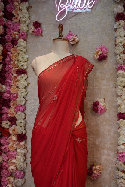 ROYAL CHIFFON FABRIC SAREE WITH LINING PATTERN CUTDANA HANDWORK (WITH CONTRST RED BLOUSE)   ##SR475
