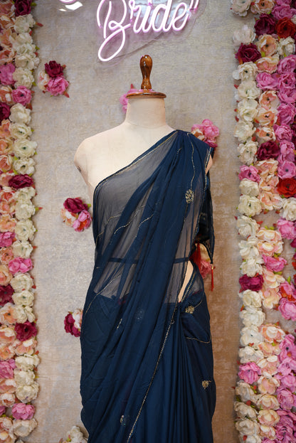 ROYAL CHIFFON FABRIC SAREE WITH LINING PATTERN CUTDANA HANDWORK (WITH CONTRST RED BLOUSE)   ##SR475