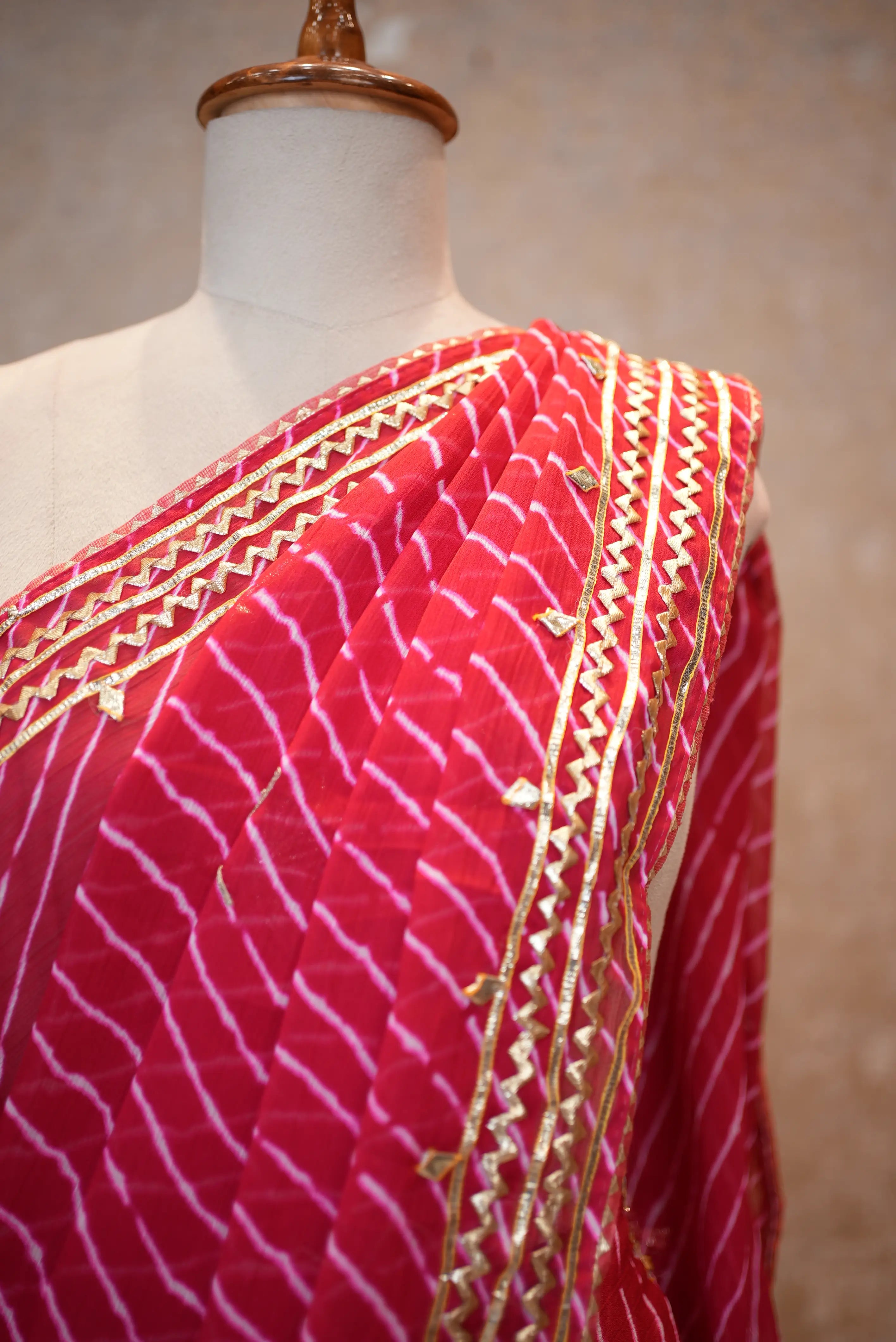 Rajasthani Traditional Leheriya Saree With Kacchi Gota Patti Work (With Blouse)