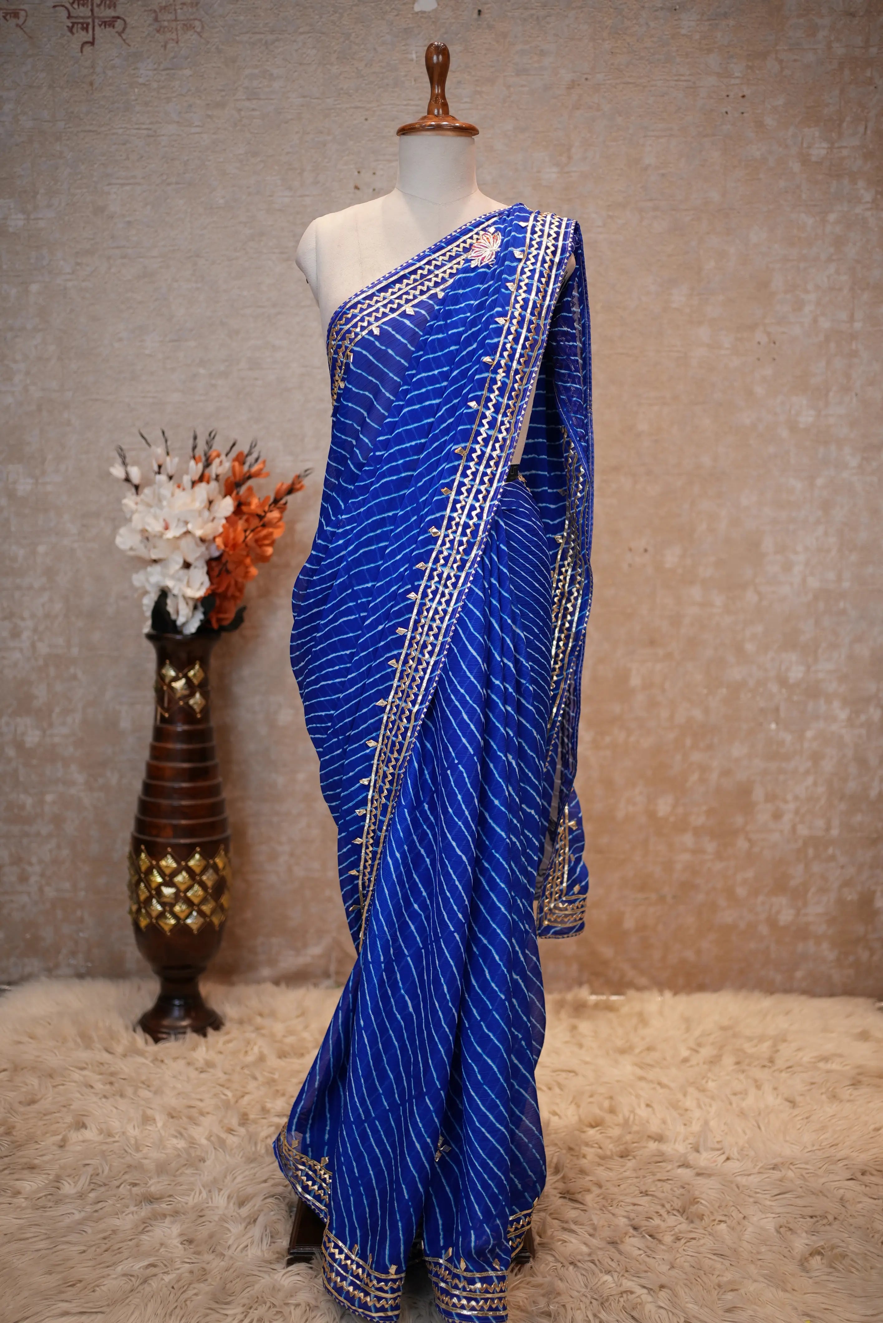 Rajasthani Traditional Leheriya Saree With Kacchi Gota Patti Work (With Blouse)