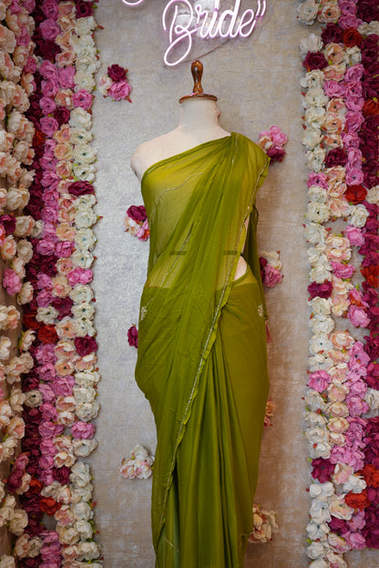 ROYAL CHIFFON FABRIC SAREE WITH LINING PATTERN CUTDANA HANDWORK (WITH CONTRST RED BLOUSE)   ##SR475